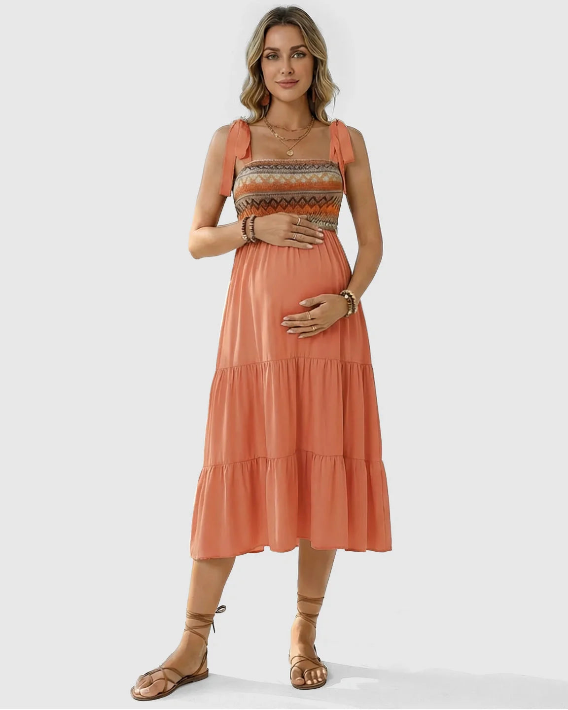 Bump Society – The Comfort Collection: Smocked Ethnic Bodice Tiered A-Line Maternity Sundress