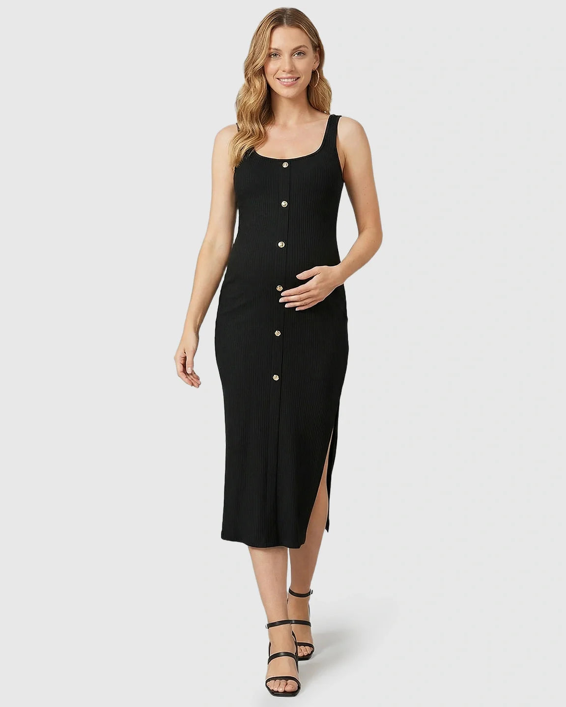 Bump Society – The Comfort Collection: Button-Front Bodycon Maternity Midi Dress