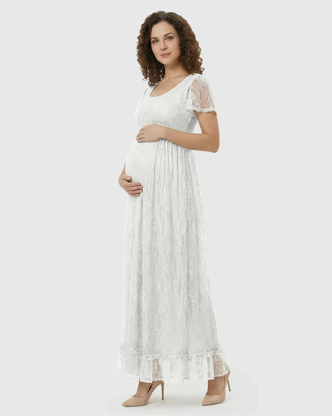 Bump Society – The Comfort Collection: Ruffled Hem Floral Lace Maternity Photoshoot Dress
