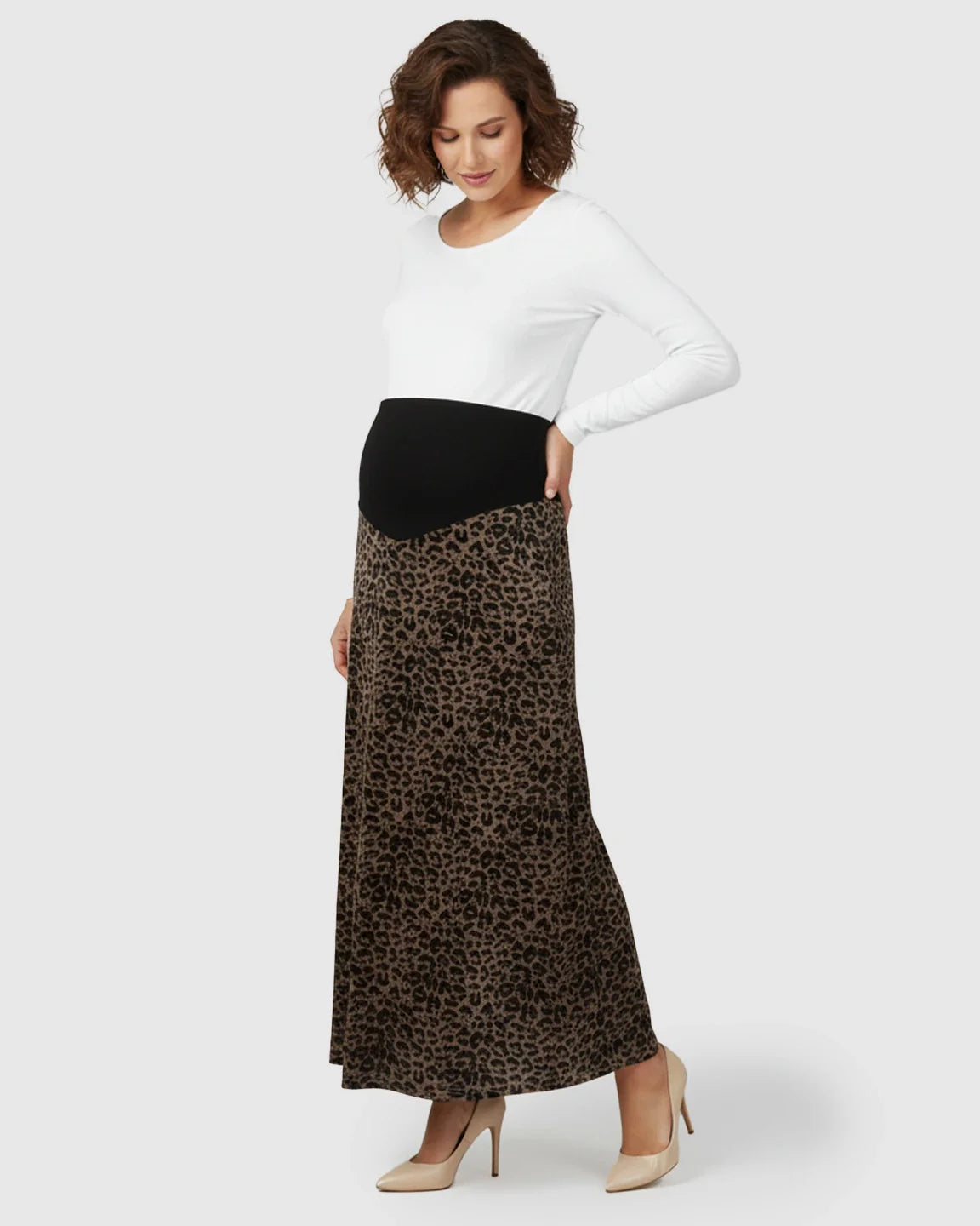 Bump Society – The Comfort Collection: Trendy Leopard Print A Line Cut Maternity Maxi Skirt