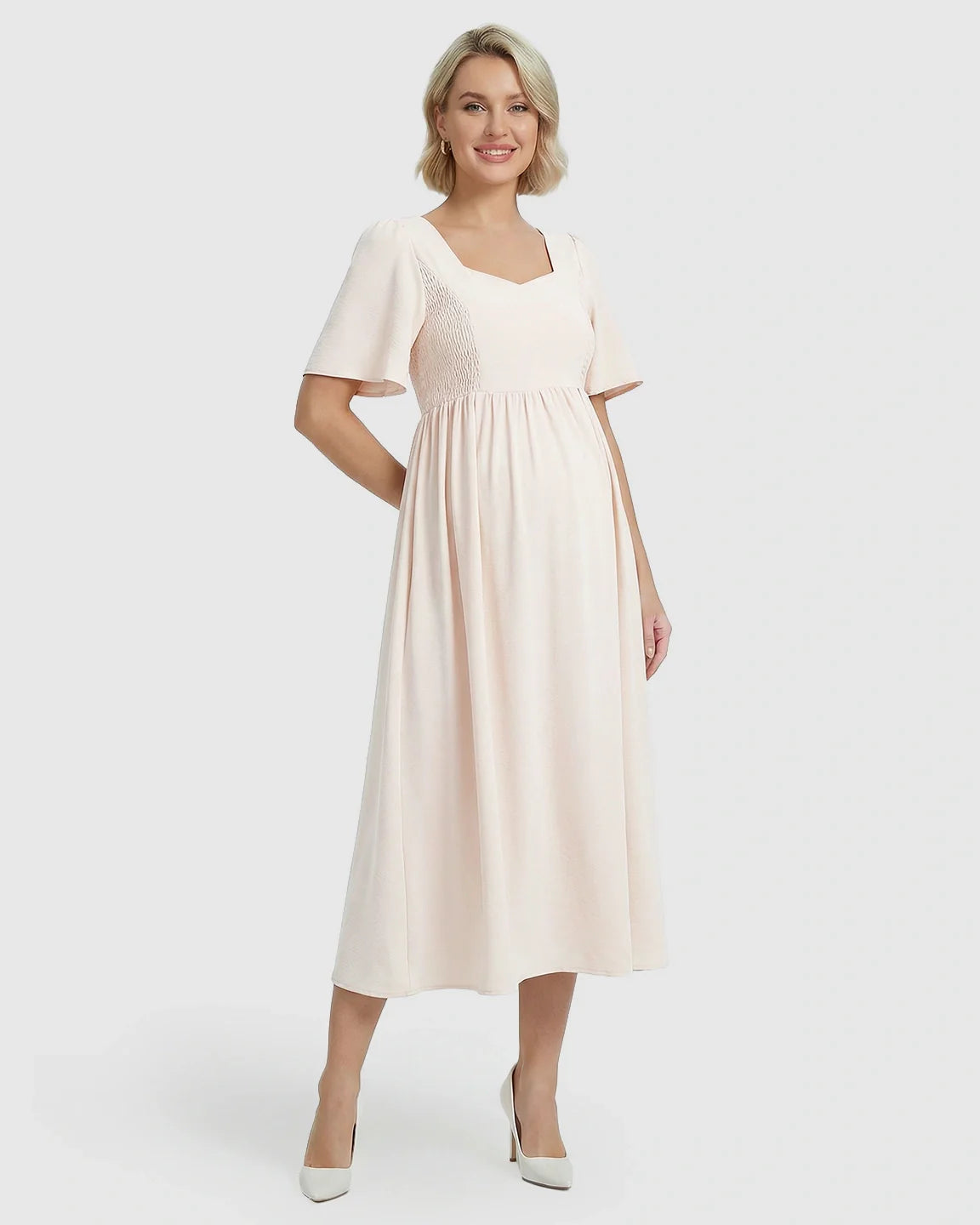 Bump Society – The Comfort Collection: Shirred Ruffle Sleeve Swing Maternity Midi Dress