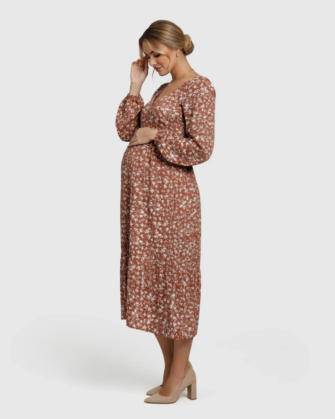 Bump Society – The Comfort Collection: Floral Print Chiffon Flowing Maternity Midi Dress
