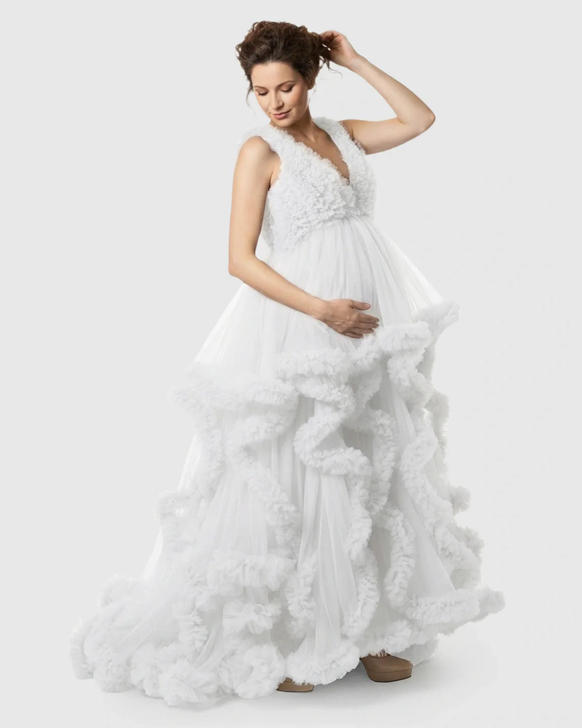 Bump Society – The Comfort Collection: Ruffled Bodice Multi-Layer Mesh Pleats Maternity Gown