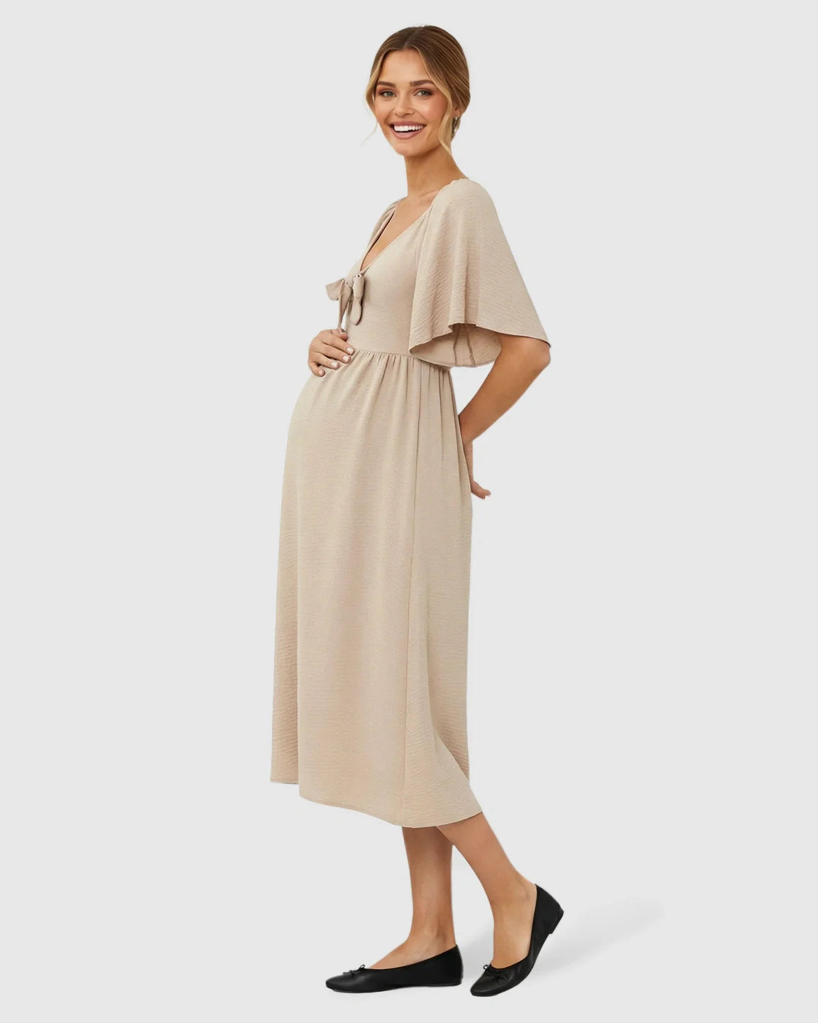 Bump Society – The Comfort Collection: Tie-Knot Front Swing Silhouette Maternity Midi Dress