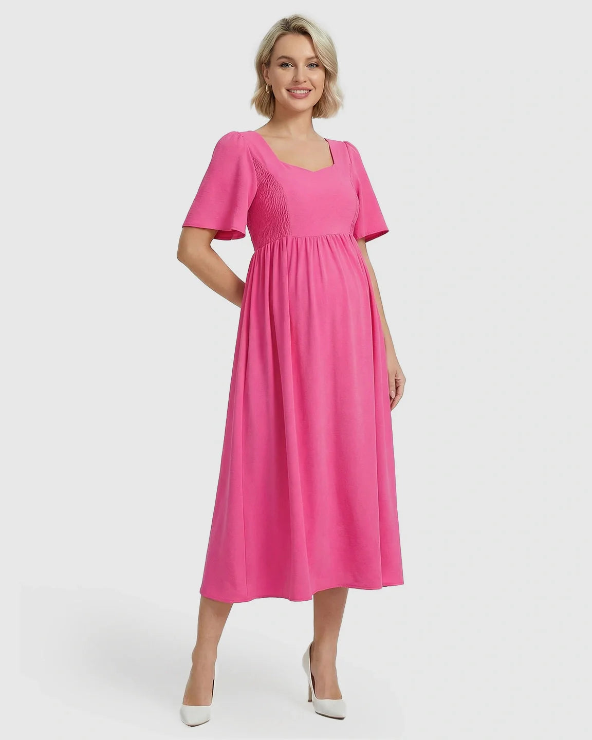 Bump Society – The Comfort Collection: Shirred Ruffle Sleeve Swing Maternity Midi Dress