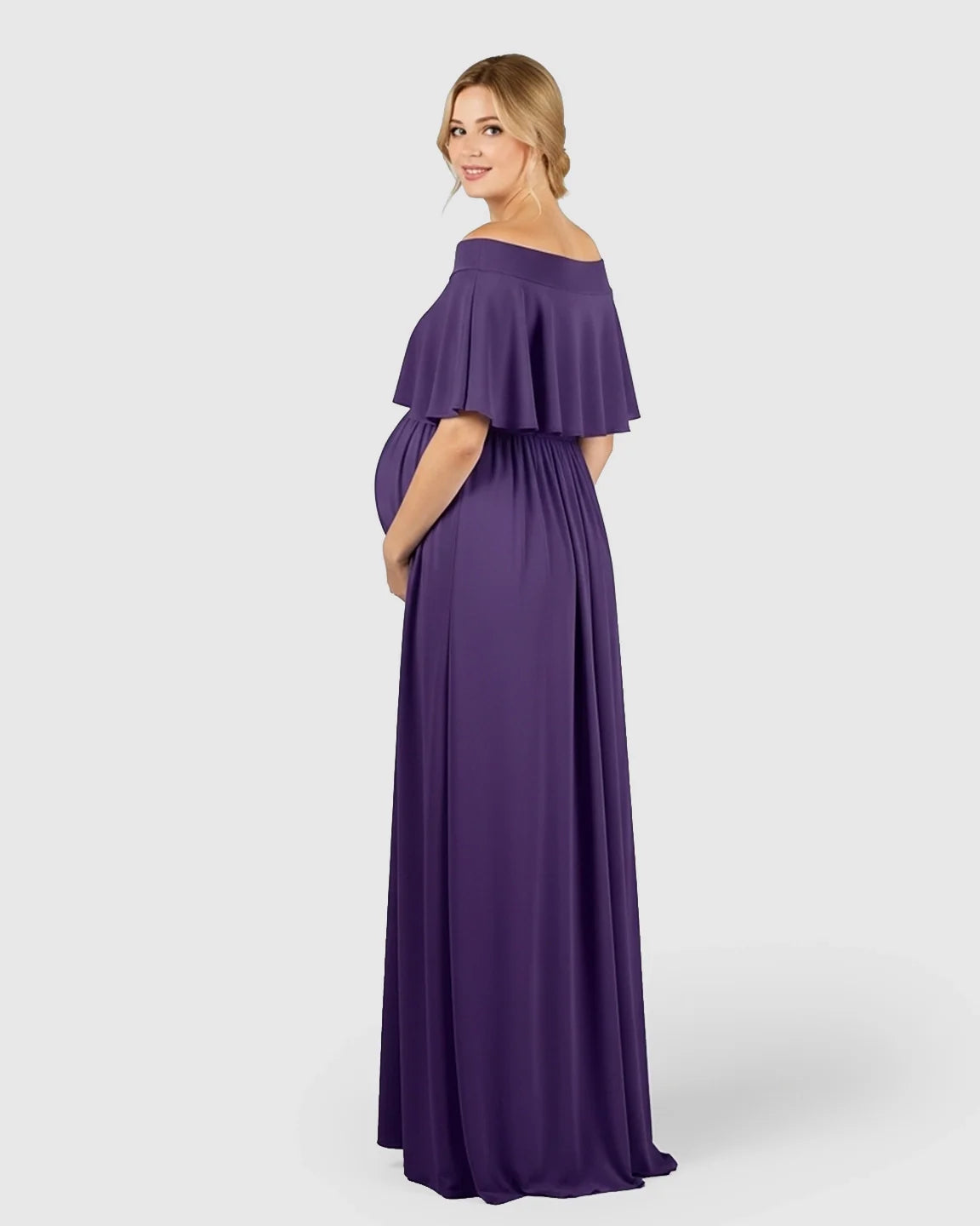Purple off-shoulder bohemian maternity photoshoot dress in soft chiffon, flowing over a pregnant woman's bump.