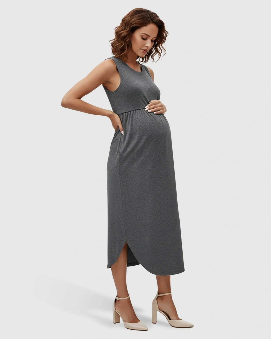 Bump Society – The Comfort Collection: Sleeveless Gathered-Waist Maternity Midi Dress