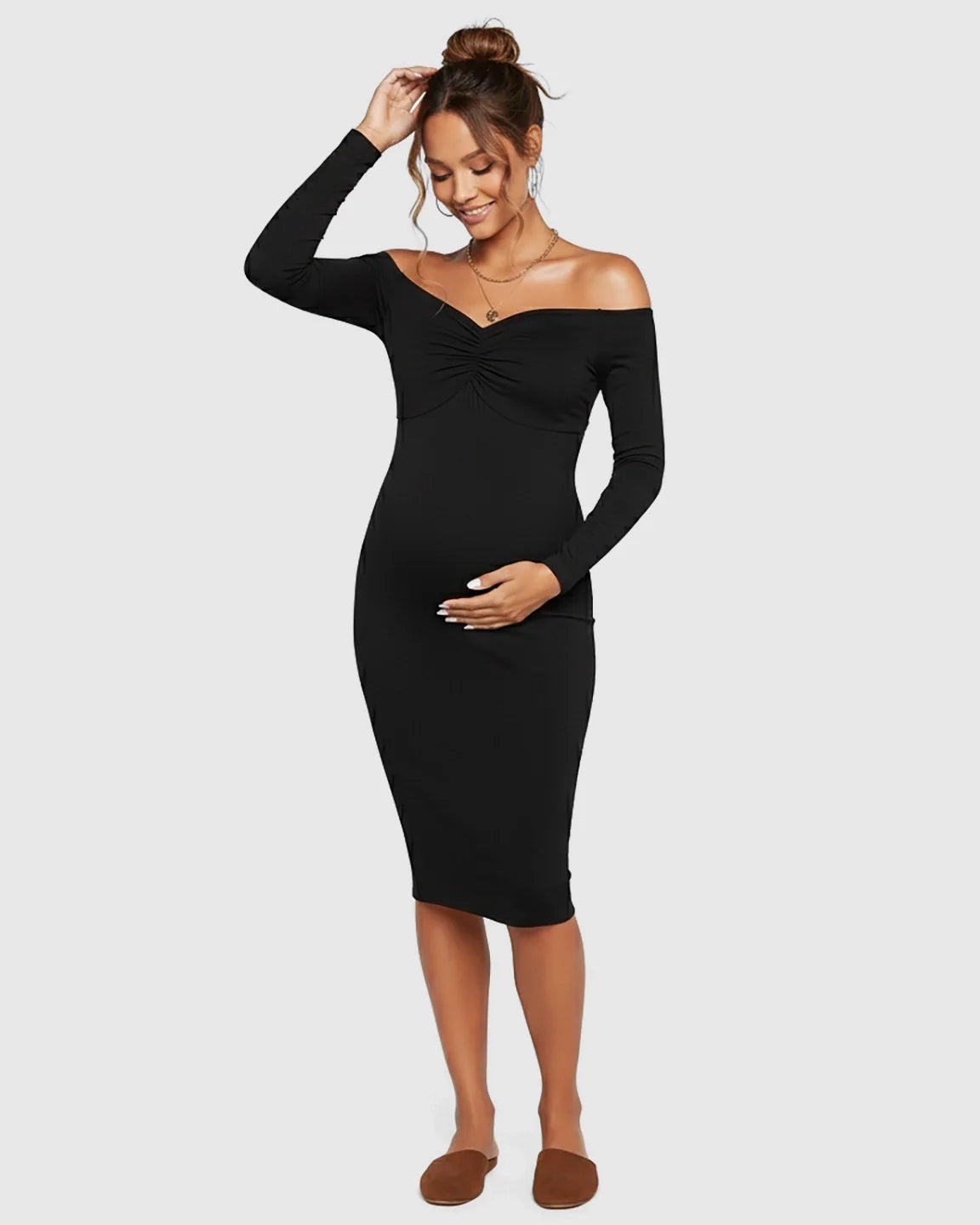 Bump Society – The Comfort Collection: Off-Shoulder Bodycon Maternity Midi Dress