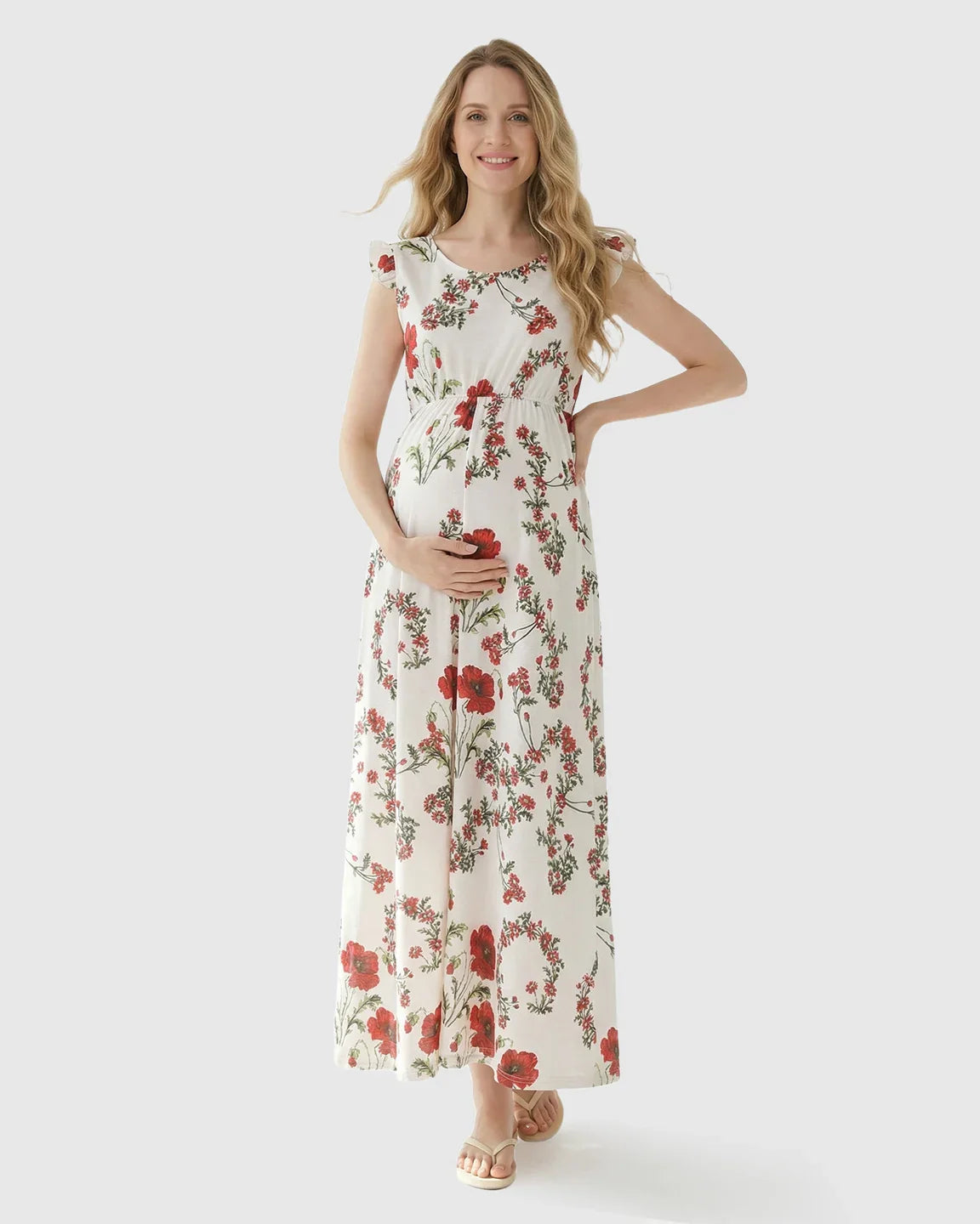 Bump Society – The Comfort Collection: Ruffle Shoulder Floral Maternity Maxi Dress