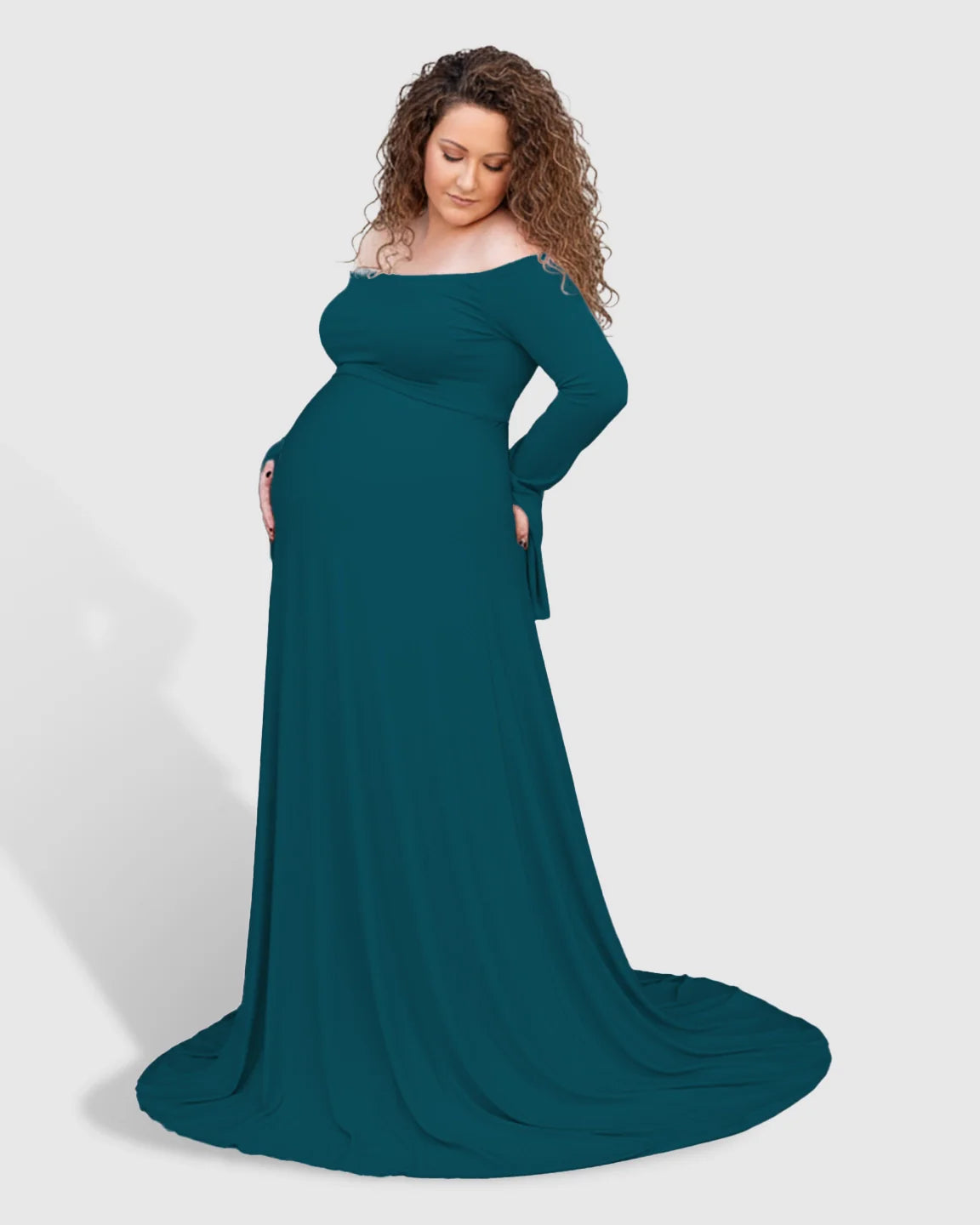 Bump Society – The Comfort Collection: Off-Shoulder Bell Sleeve Boho Maternity Photoshoot Maxi Dress