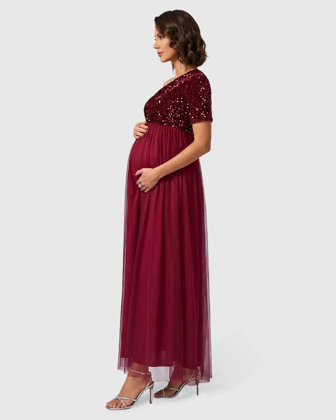Bump Society – The Comfort Collection: Sequin One-Shoulder Flowy Maternity Maxi Dress