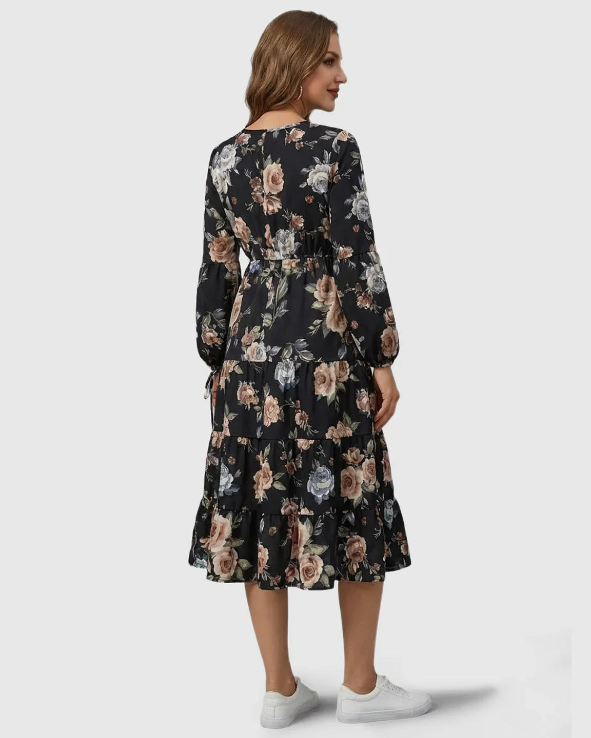 Bump Society – The Comfort Collection: Floral Tiered Hem Boho Maternity Midi Dress