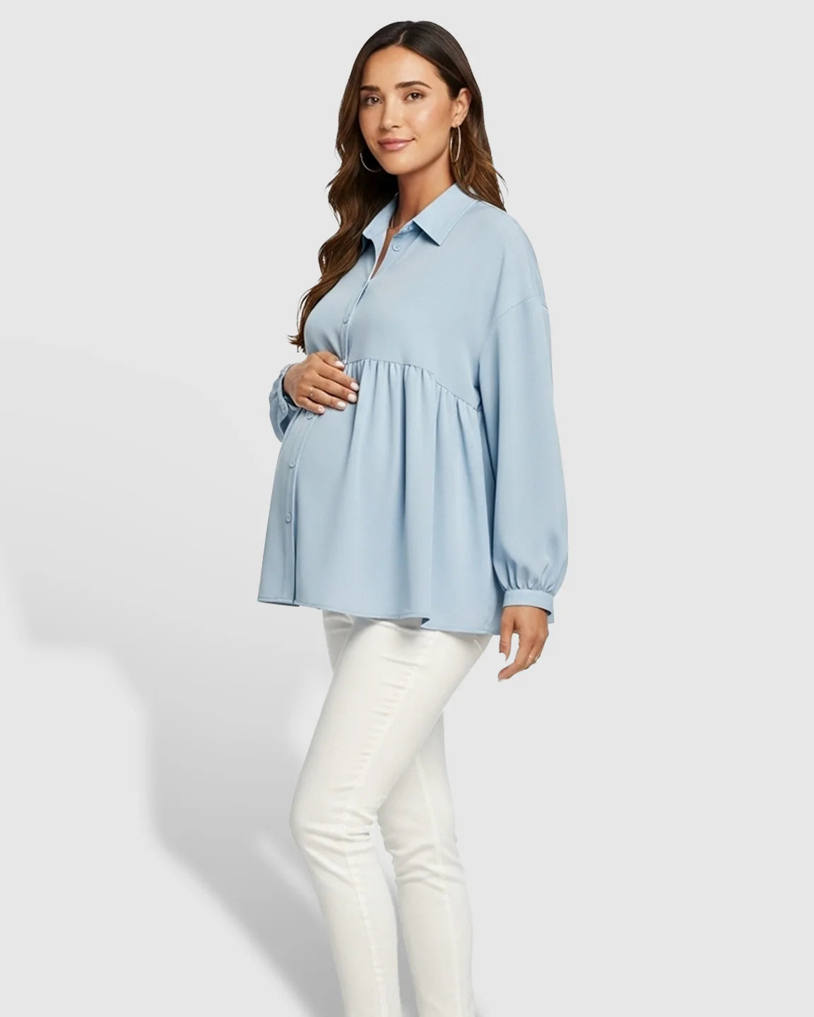 Maternity model in light blue chiffon lapel long sleeve shirt with babydoll fit, white pants.