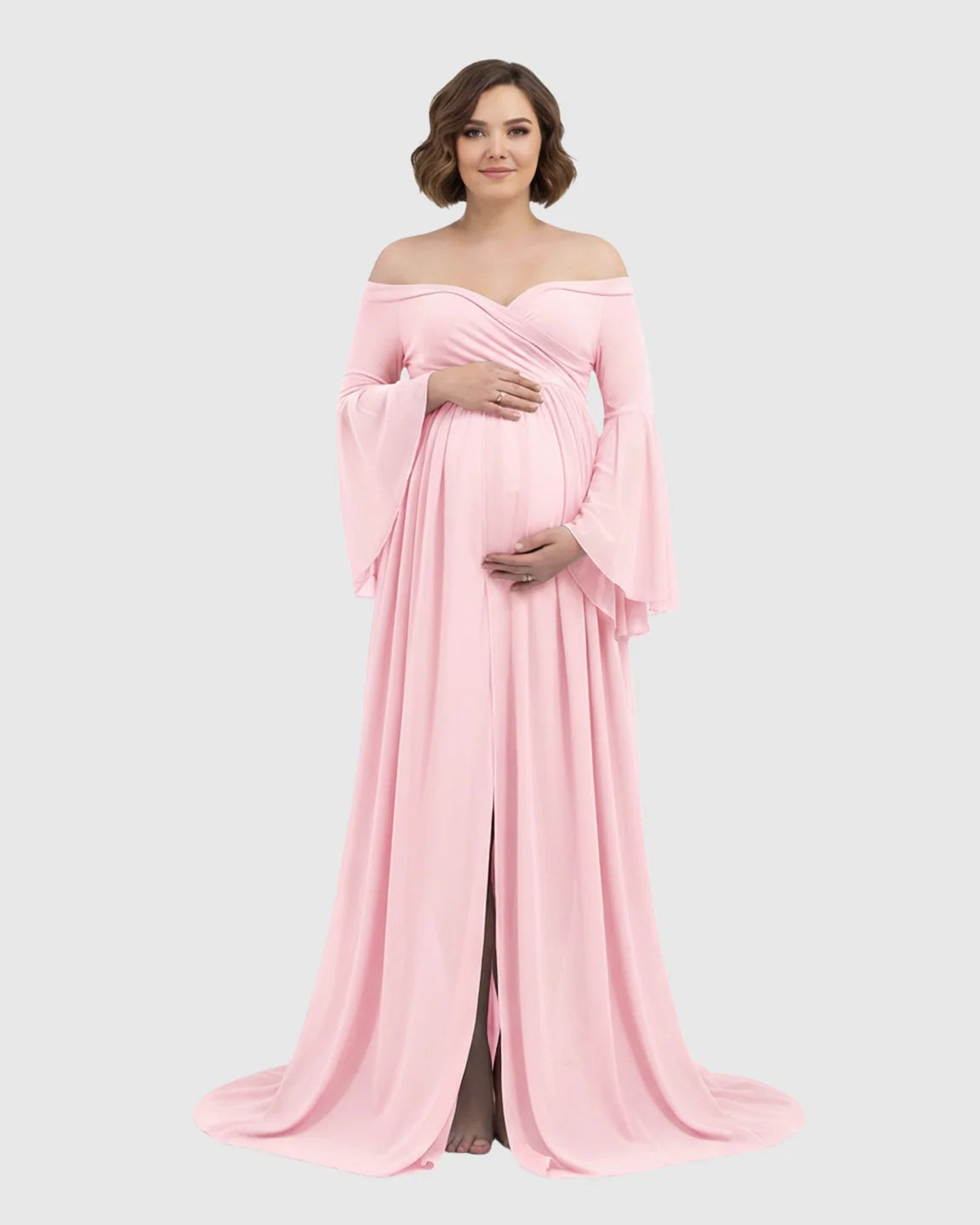 Pink off-shoulder maternity gown with bell sleeves, long train, and front slit.