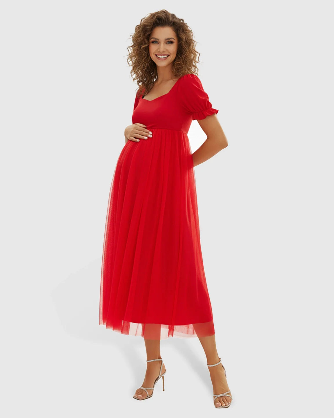 Bump Society – The Comfort Collection: Layered Mesh Romantic Maternity Midi Dress