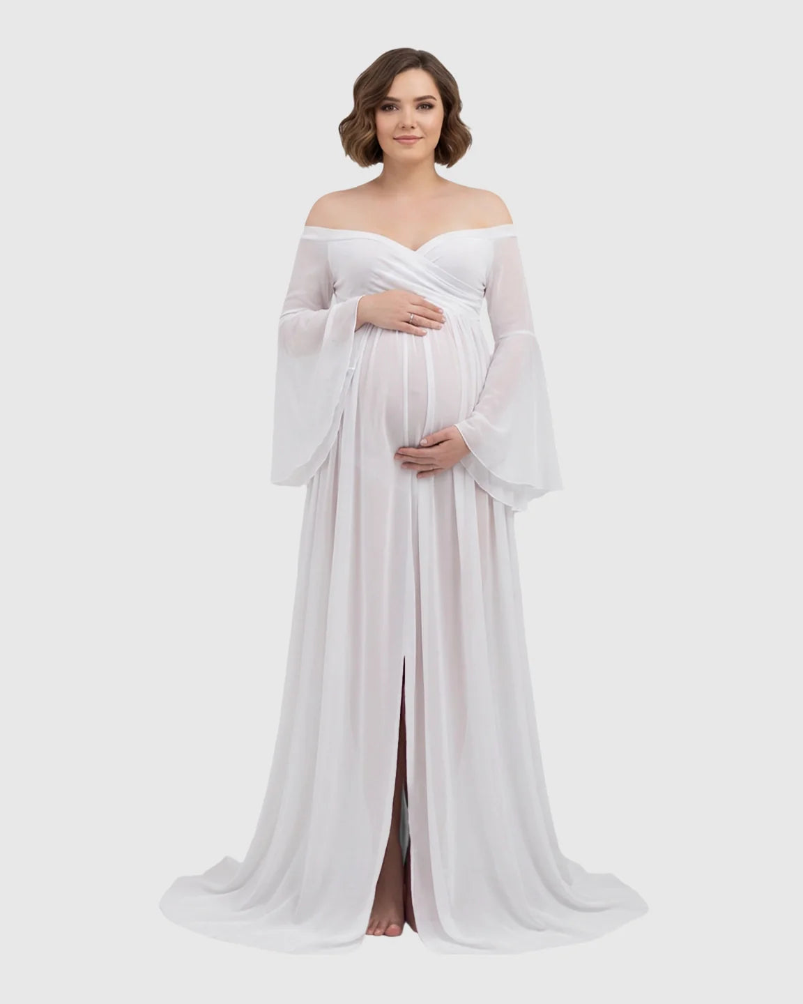 White chiffon off-shoulder maternity gown with bell sleeves, long train, and front slit.