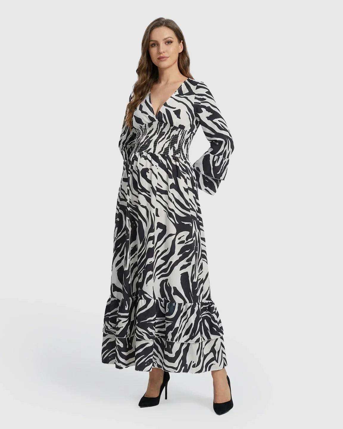 Bump Society – The Comfort Collection: Geometric Pattern Smocked Mid-Waist Maternity Maxi Dress