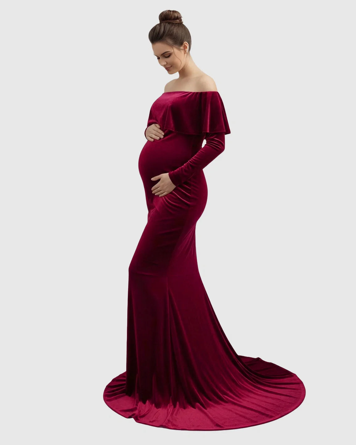 Elegant off-shoulder velvet-touch deep red maternity gown with a fitted silhouette and flowing train.