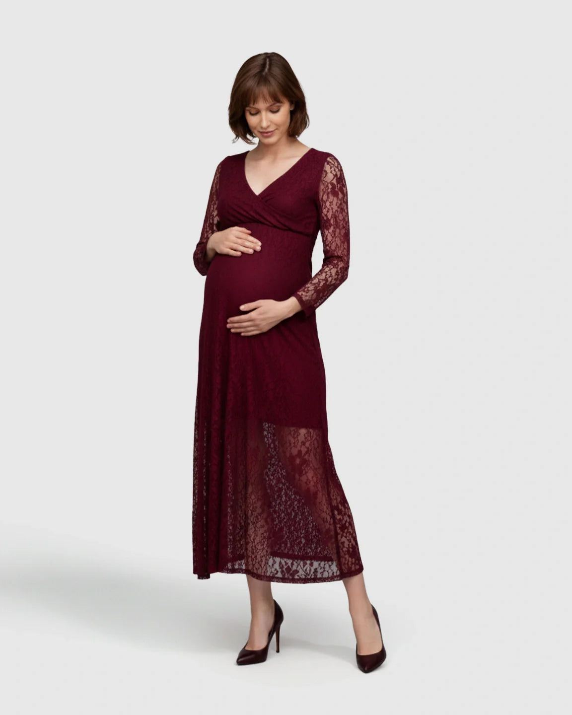 Bump Society – The Comfort Collection: Sheer Lace Long Sleeve Maternity Midi Dress