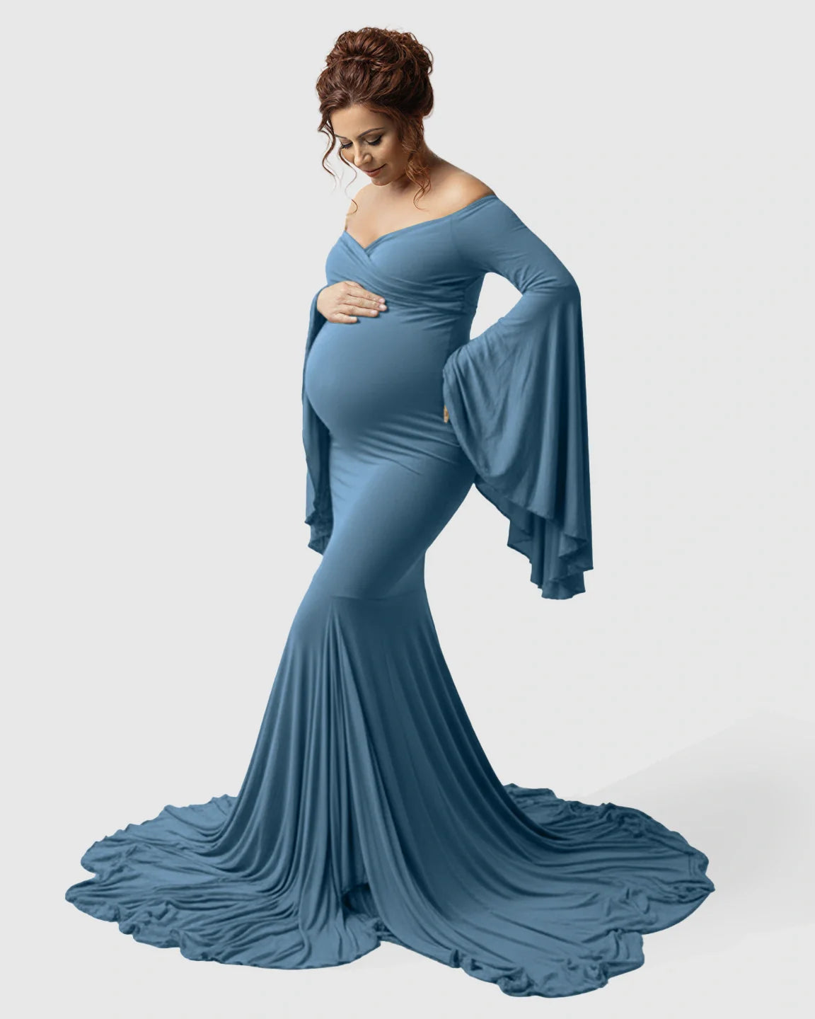 Bump Society – The Comfort Collection: Flared Sleeve Fishtail Train Maternity Photoshoot Dress