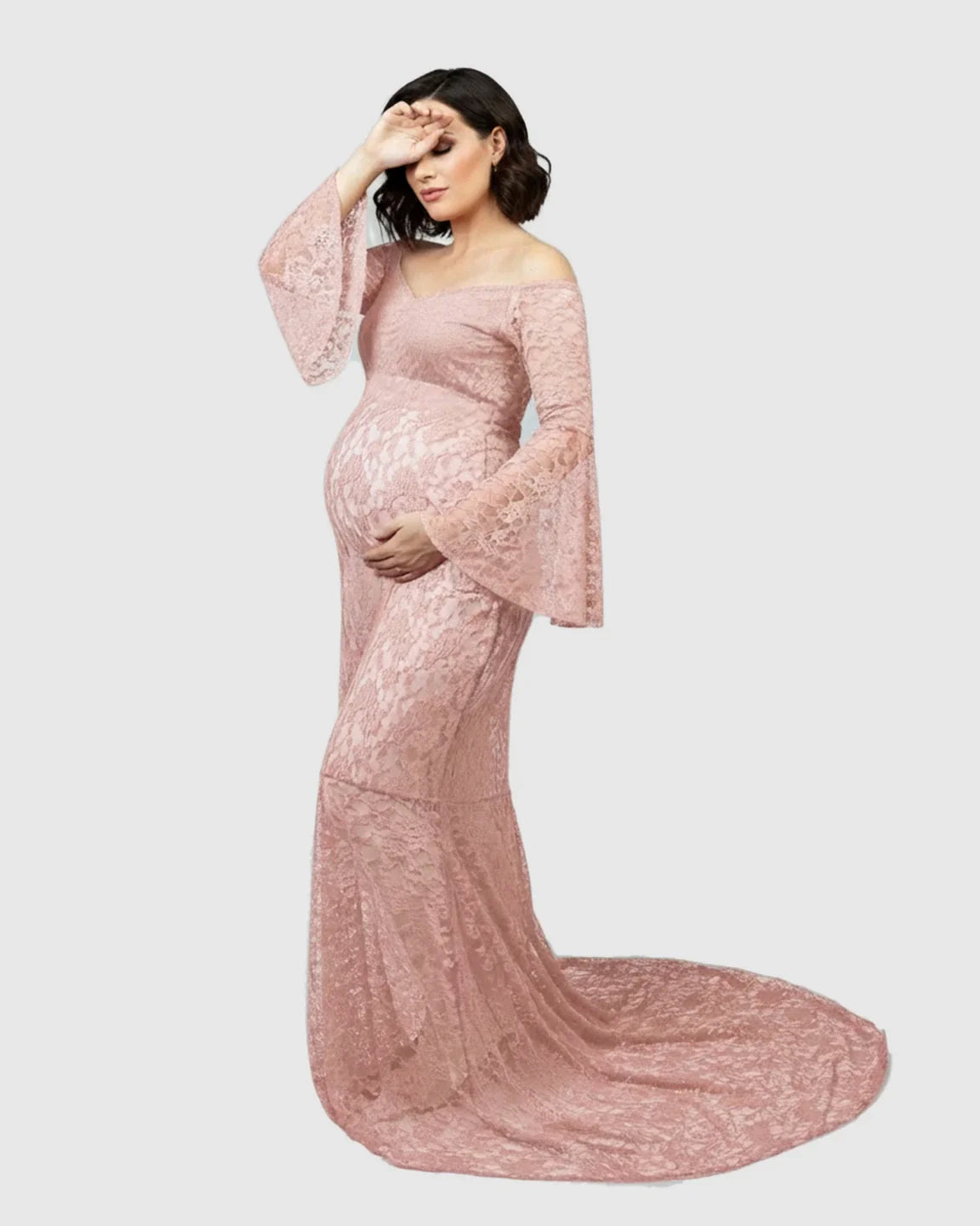 Bump Society – The Comfort Collection: Bell Lace Sleeve Trailing Maternity Gown