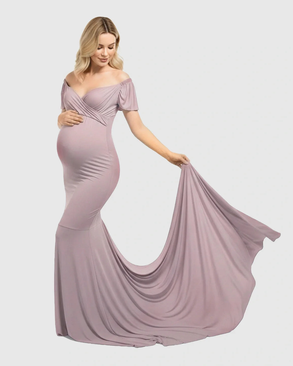 Bump Society – The Comfort Collection: Off-Shoulder Fitted Mermaid Style Maternity Photoshoot Gown