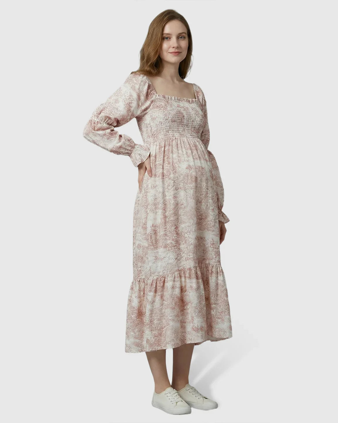 Bump Society – The Comfort Collection: Puffed Long-Sleeve Tiered Skirt Maternity Maxi Dress