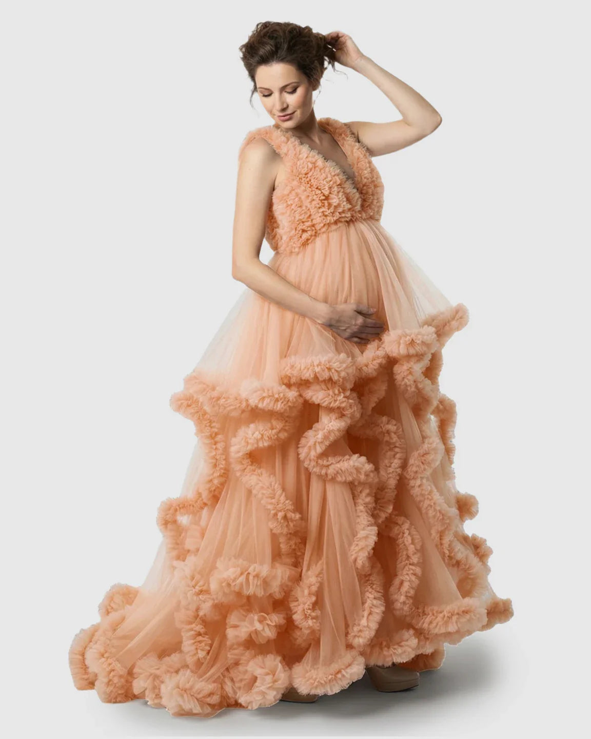 Bump Society – The Comfort Collection: Ruffled Bodice Multi-Layer Mesh Pleats Maternity Gown