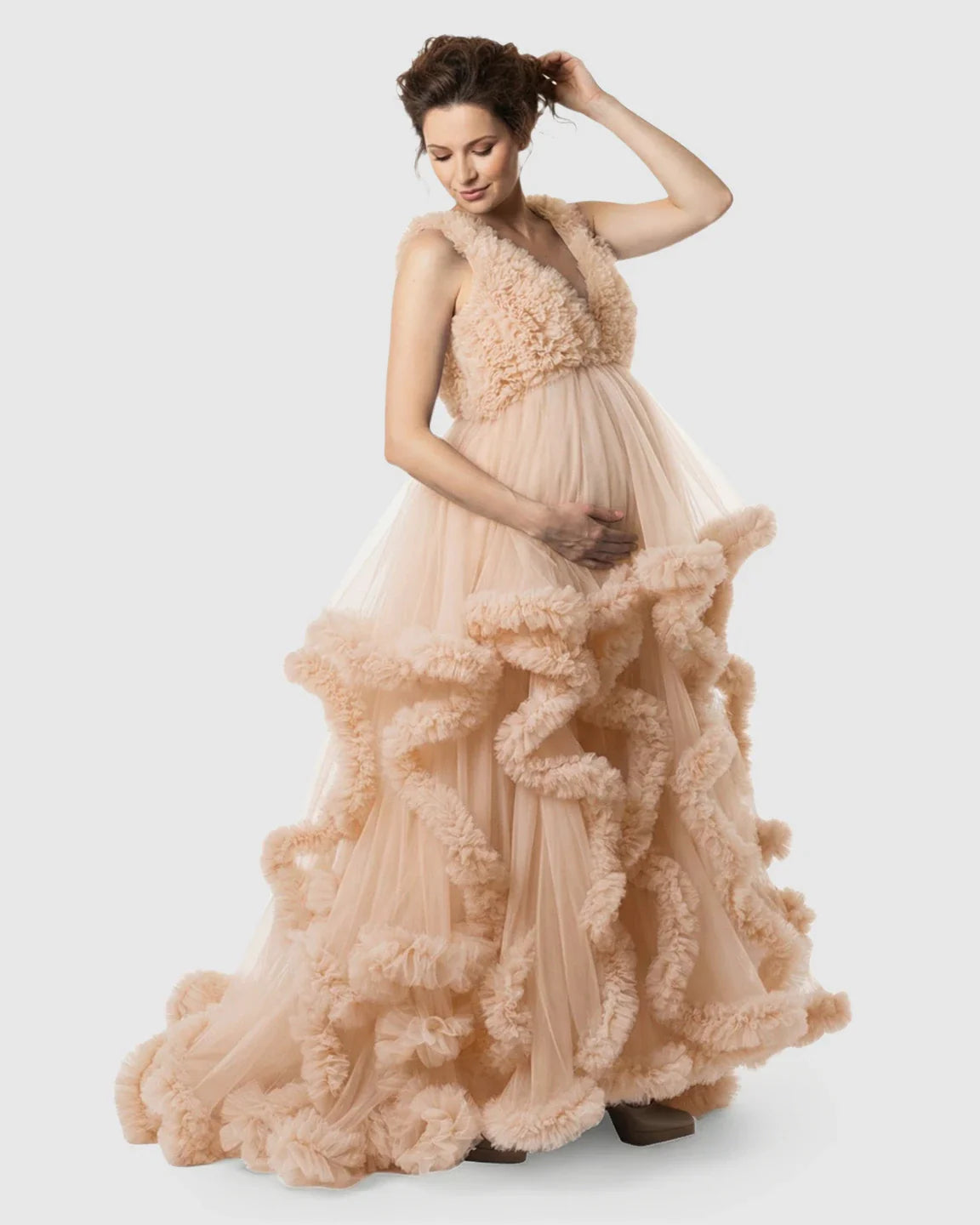 Bump Society – The Comfort Collection: Ruffled Bodice Multi-Layer Mesh Pleats Maternity Gown