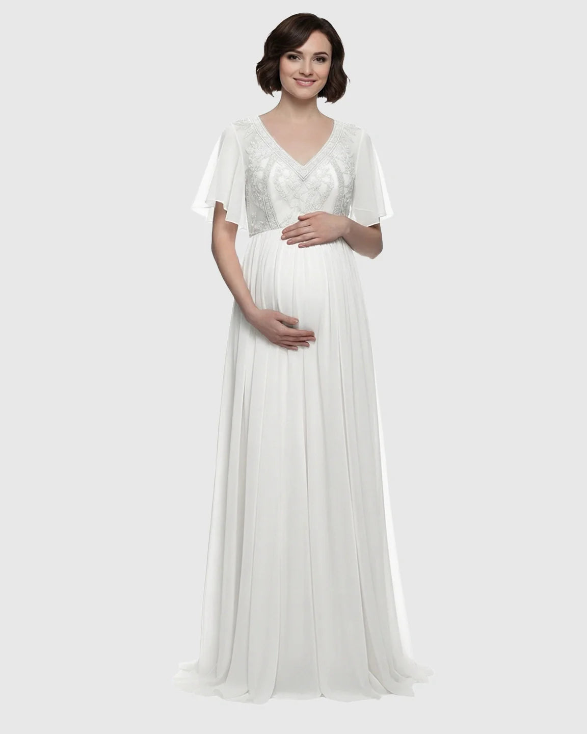 Bump Society – The Comfort Collection: Embroidered Bodice Long Train Maternity Photoshoot Gown