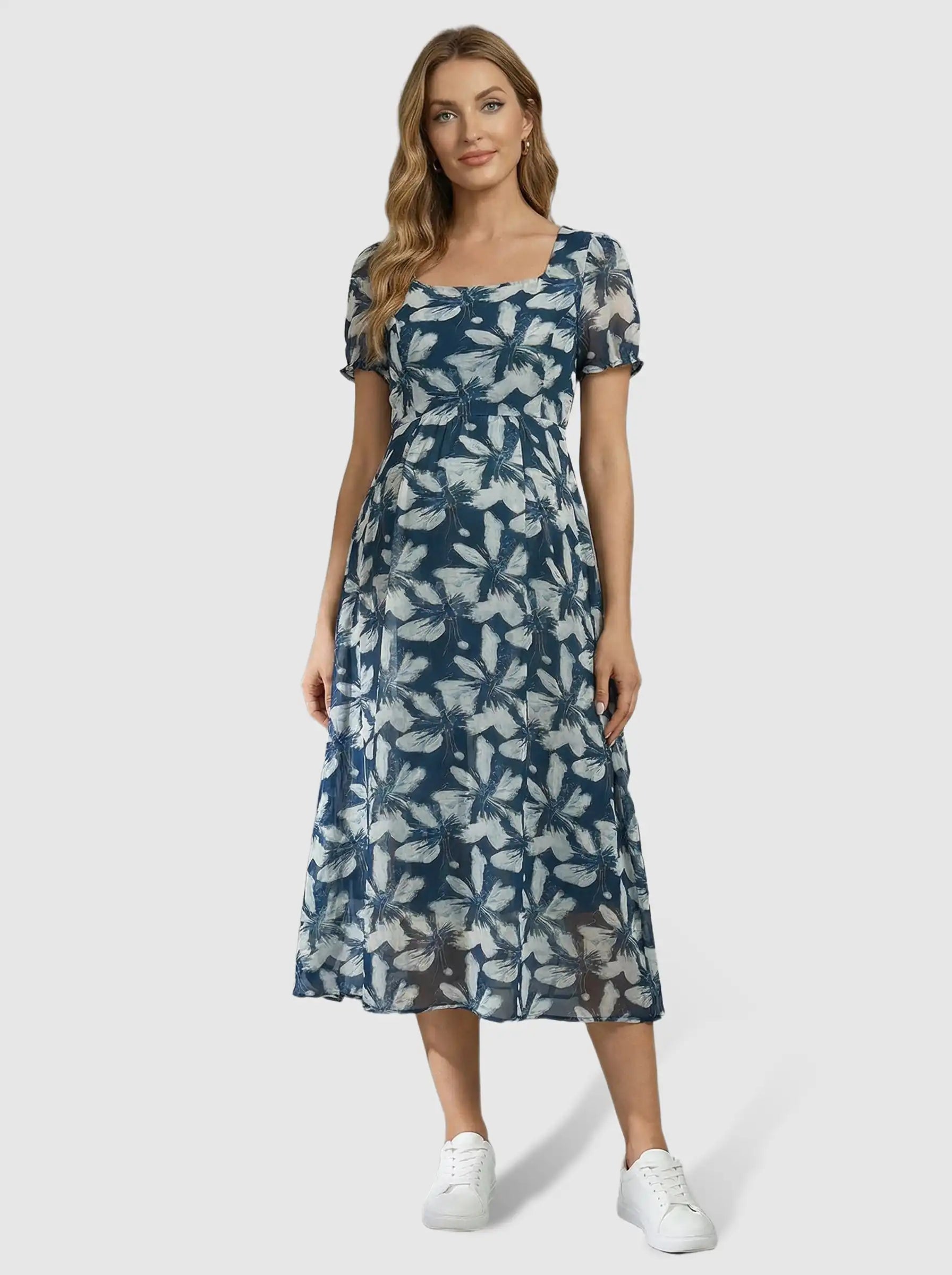 Bump Society – The Comfort Collection: Square Neckline Floral Mid-Waist Cut Maternity Midi Dress