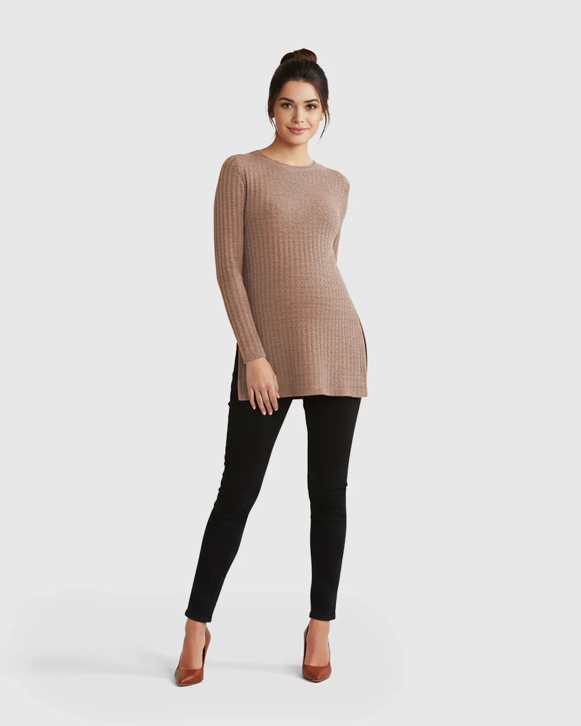 Bump Society – The Comfort Collection: Ribbed Knit Side-Slit Long Sleeve Maternity Top