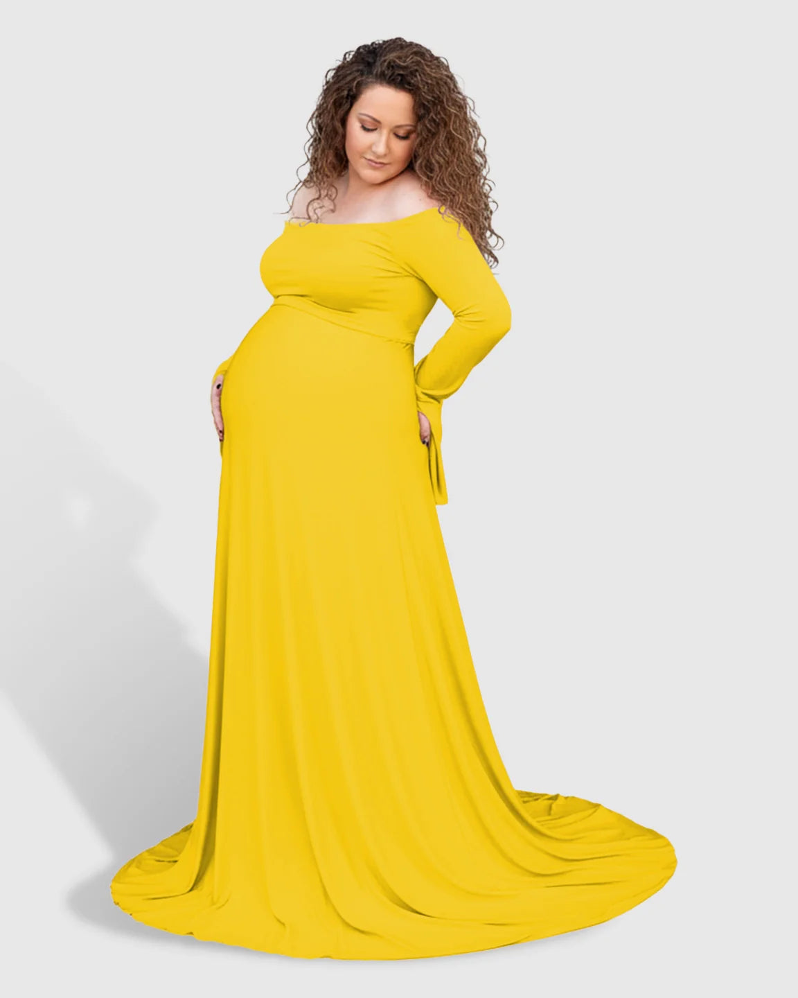 Bump Society – The Comfort Collection: Off-Shoulder Bell Sleeve Boho Maternity Photoshoot Maxi Dress
