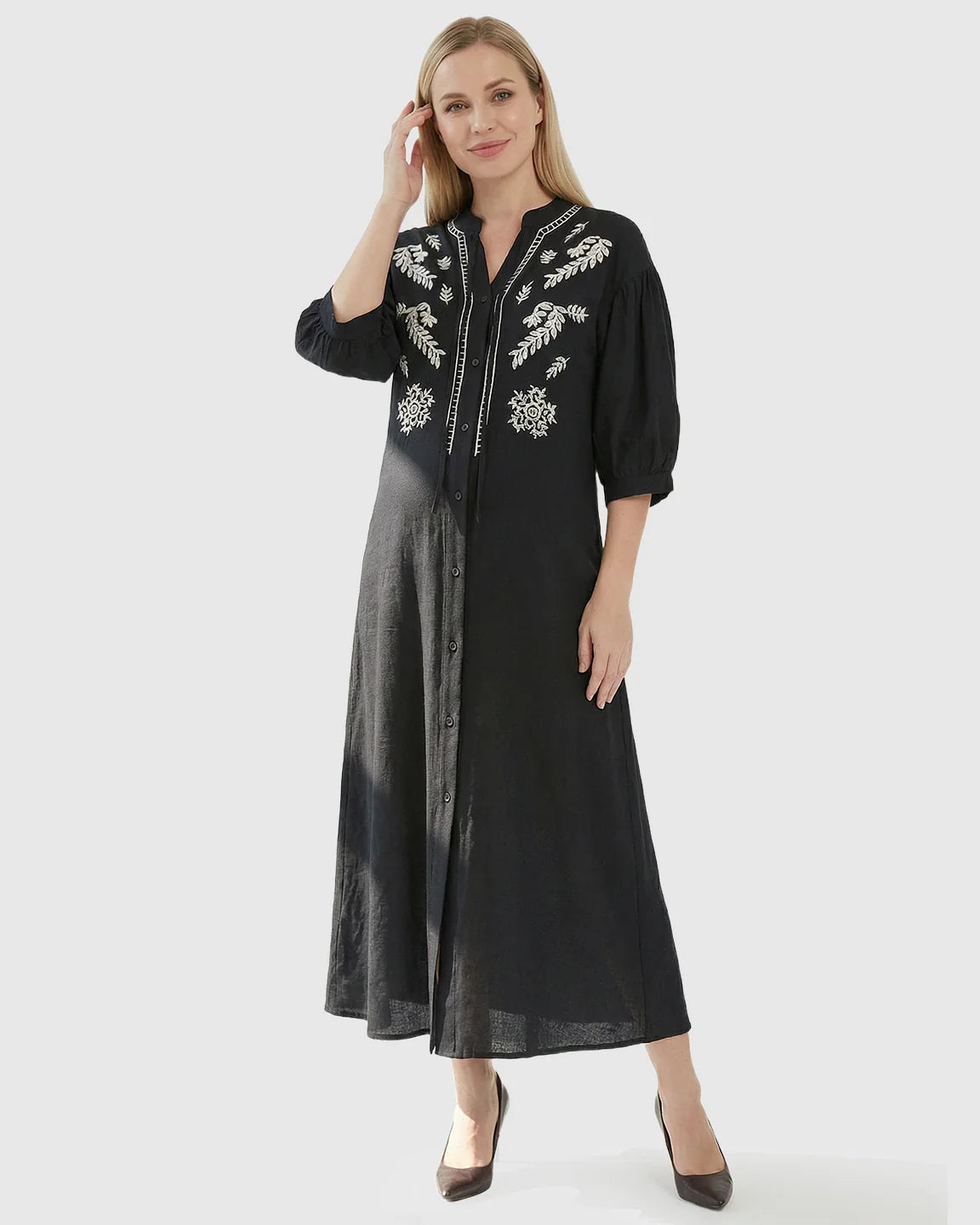 Bump Society – The Comfort Collection: Embroidered Mandarin Collar Loose Maternity Midi Dress