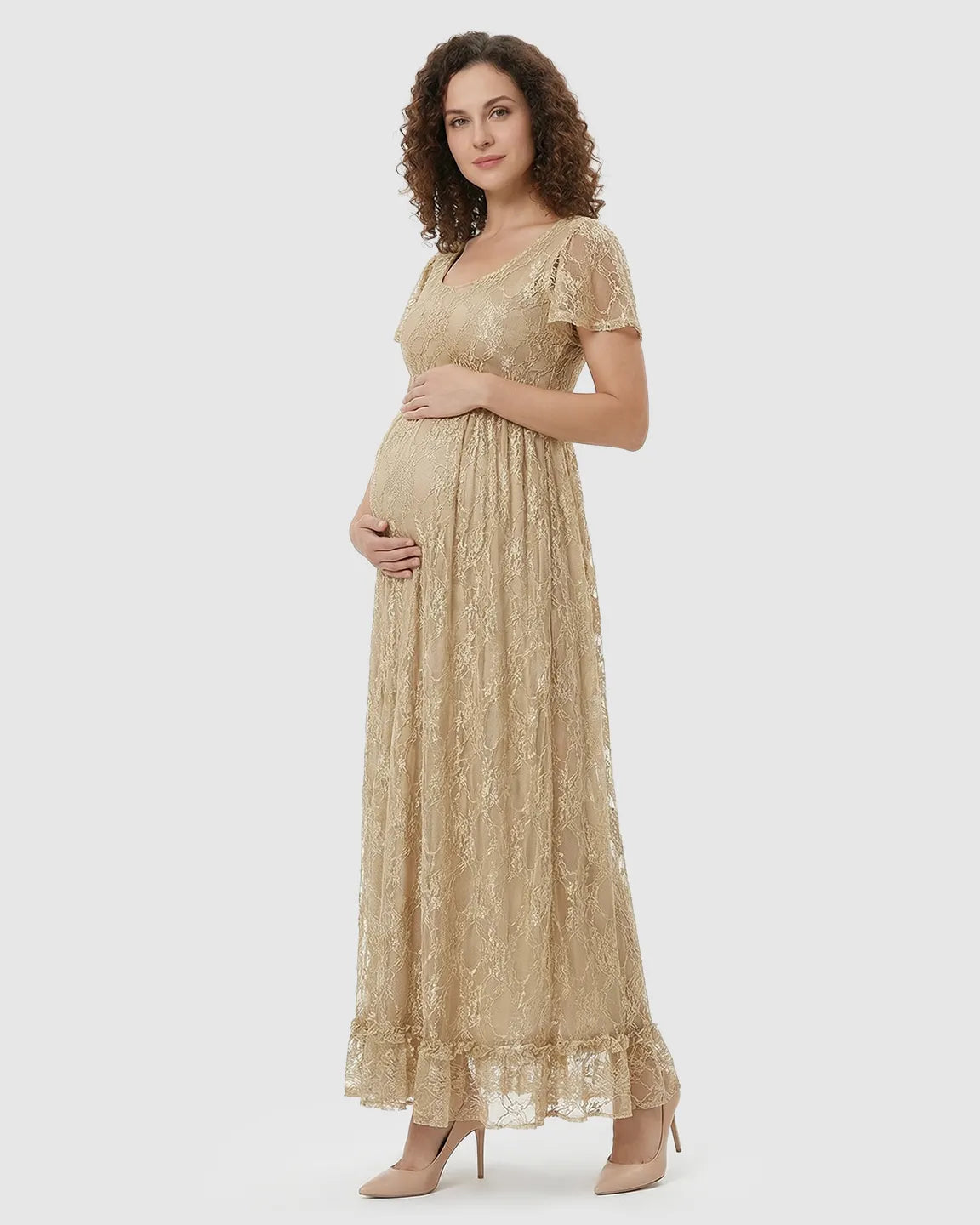 Bump Society – The Comfort Collection: Ruffled Hem Floral Lace Maternity Photoshoot Dress