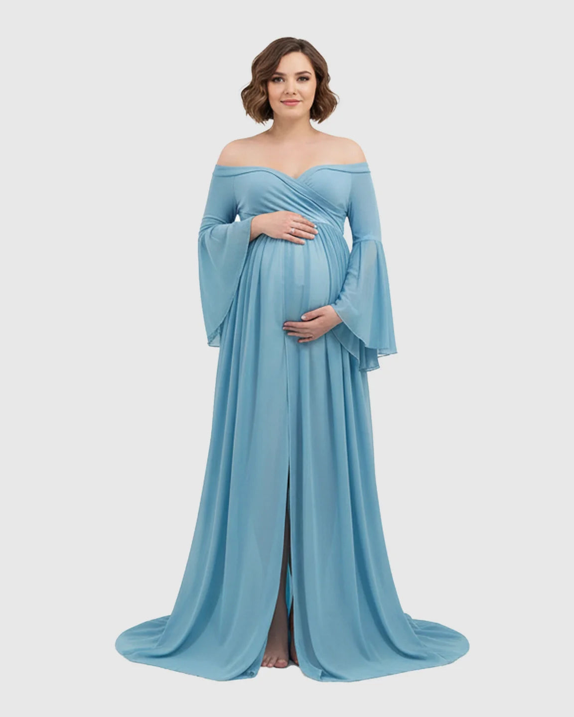 Light blue chiffon off-shoulder maternity gown with bell sleeves, long train, and front slit.