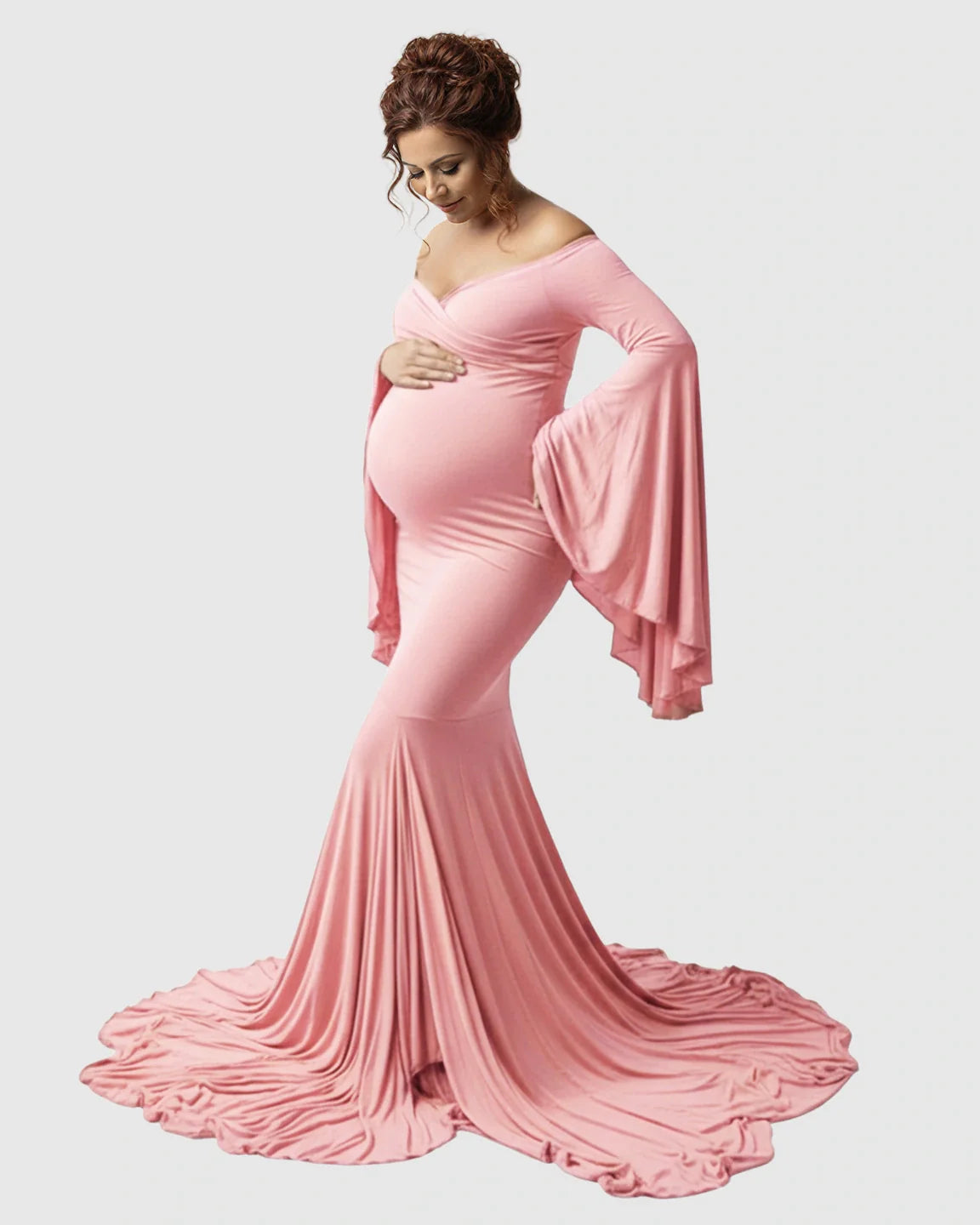 Bump Society – The Comfort Collection: Flared Sleeve Fishtail Train Maternity Photoshoot Dress