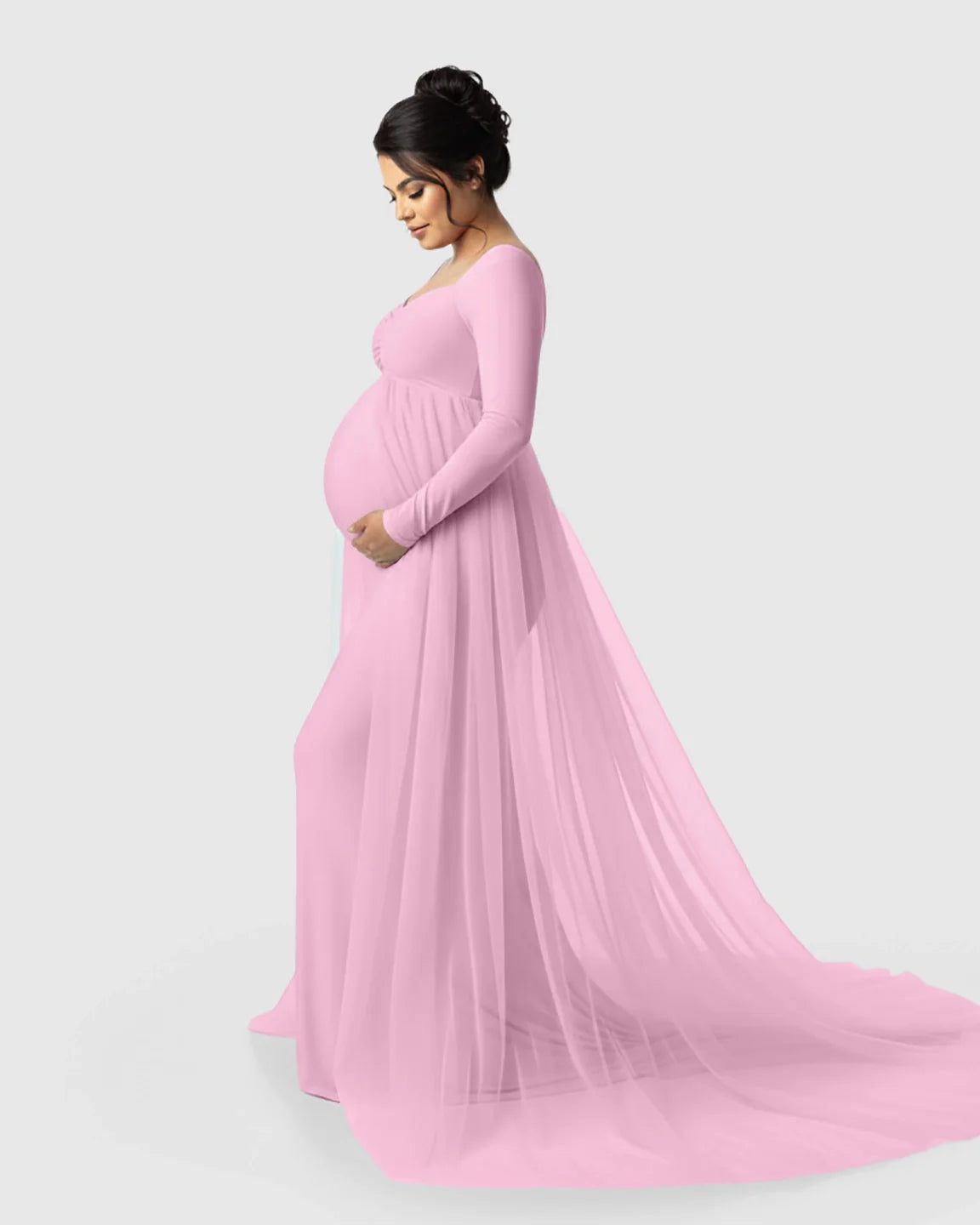 Bump Society – The Comfort Collection: Sheer Mesh Flowy Train Maternity Maxi Dress