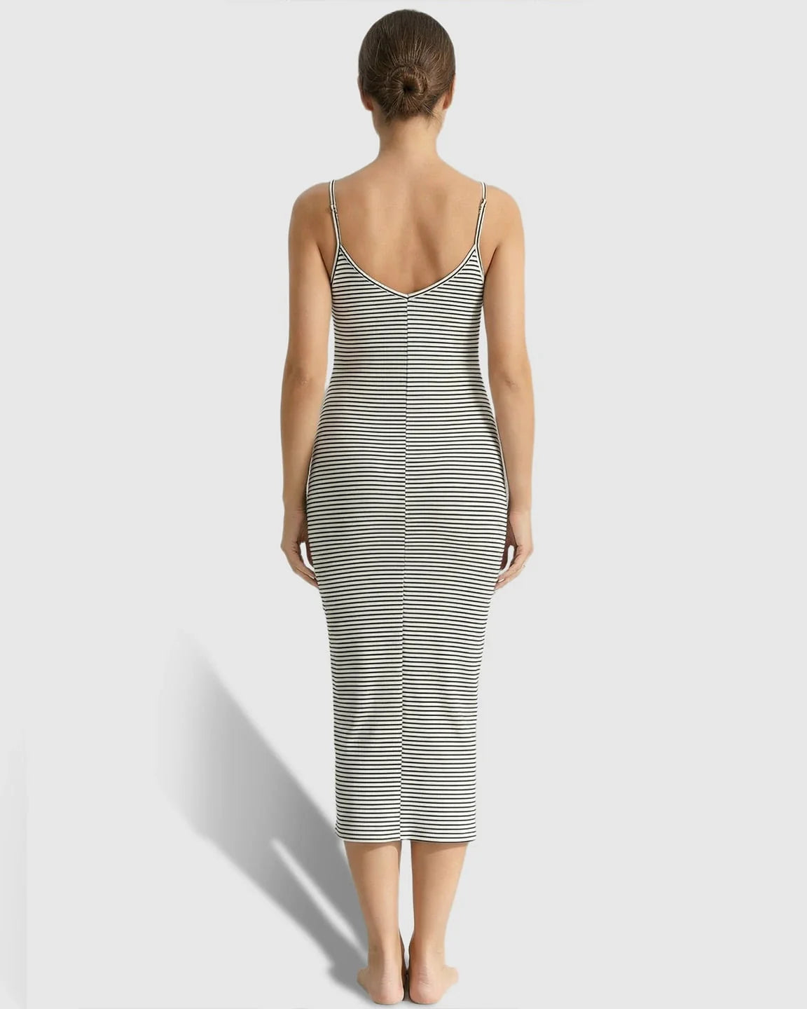 Bump Society – The Comfort Collection: Striped Button-Down Bodycon Maternity Midi Dress