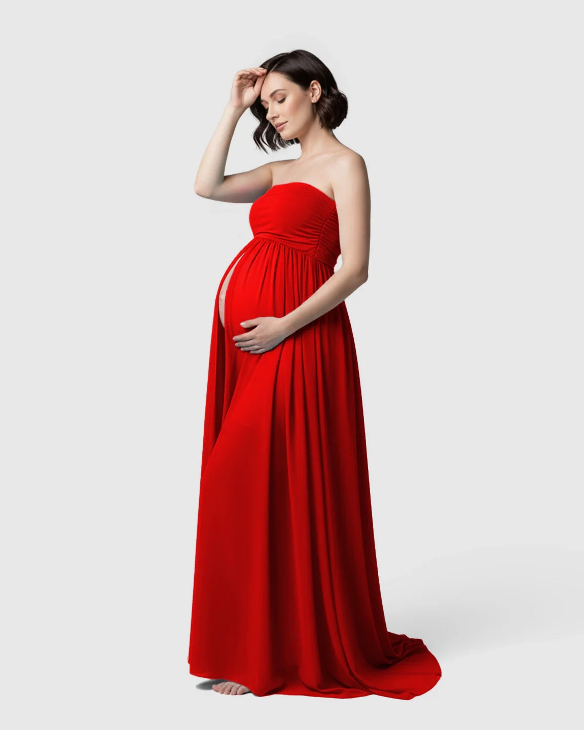 Bump Society – The Comfort Collection: Strapless Ruched Front Slit Maternity Photoshoot Dress