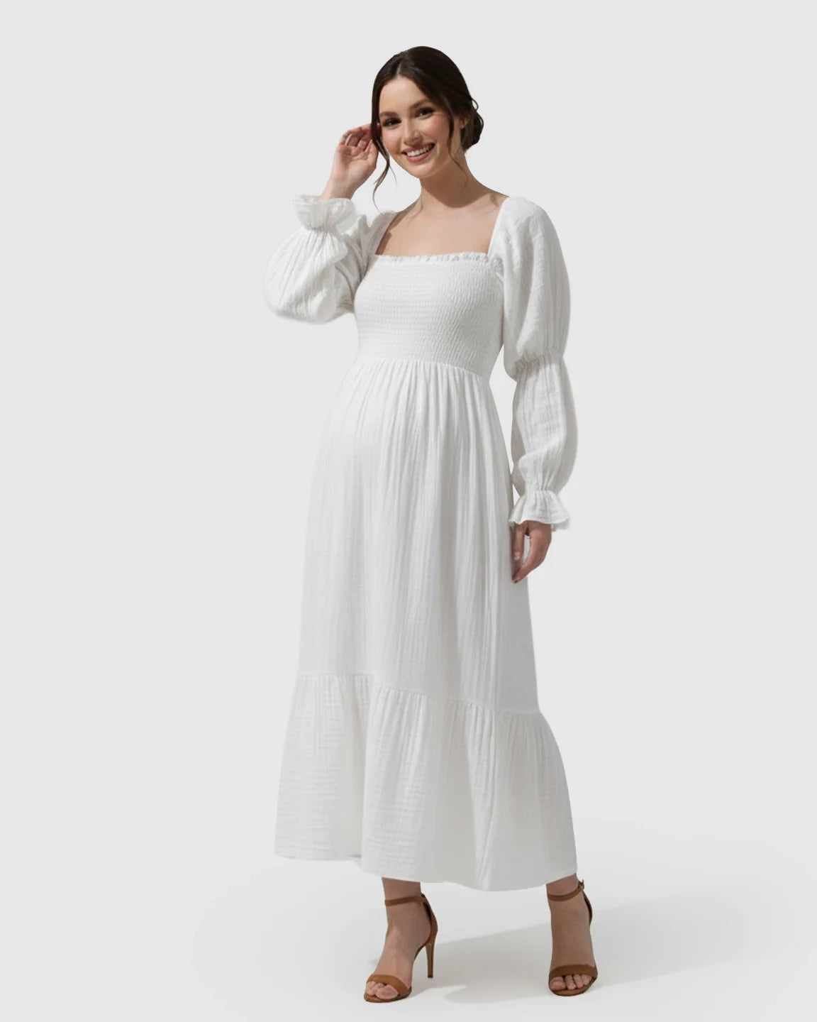 Bump Society – The Comfort Collection: Puffed Long-Sleeve Tiered Skirt Maternity Maxi Dress