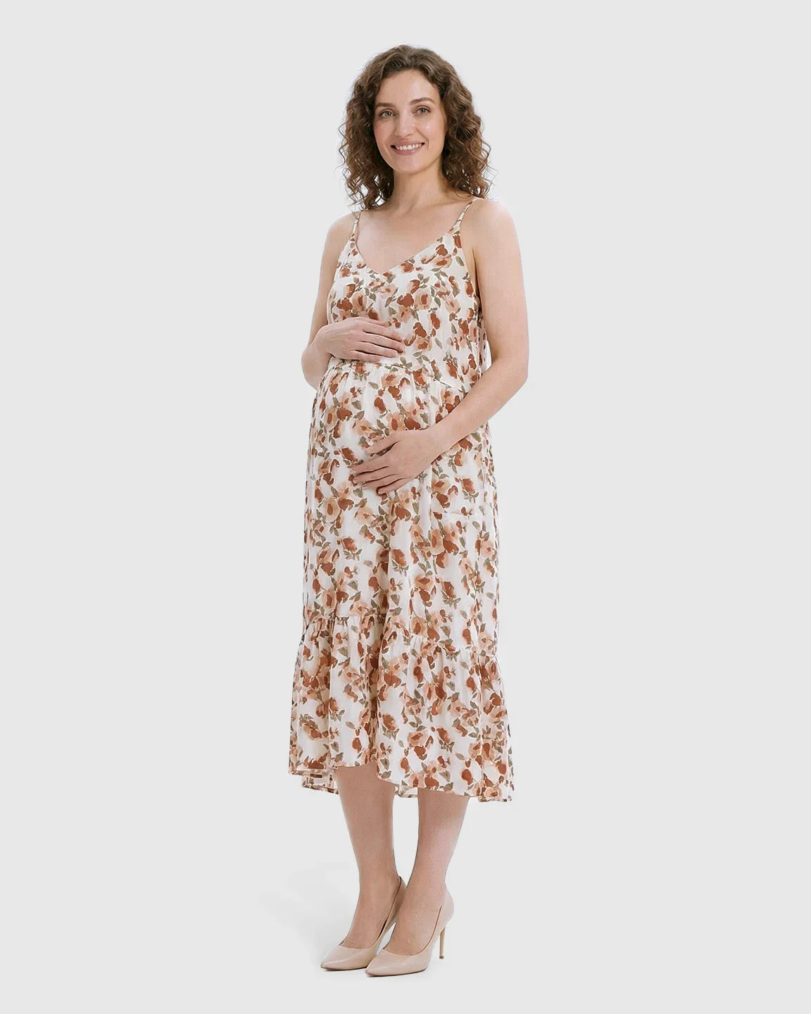 Bump Society – The Comfort Collection: Spaghetti Strap Floral Tiered Maternity Midi Dress