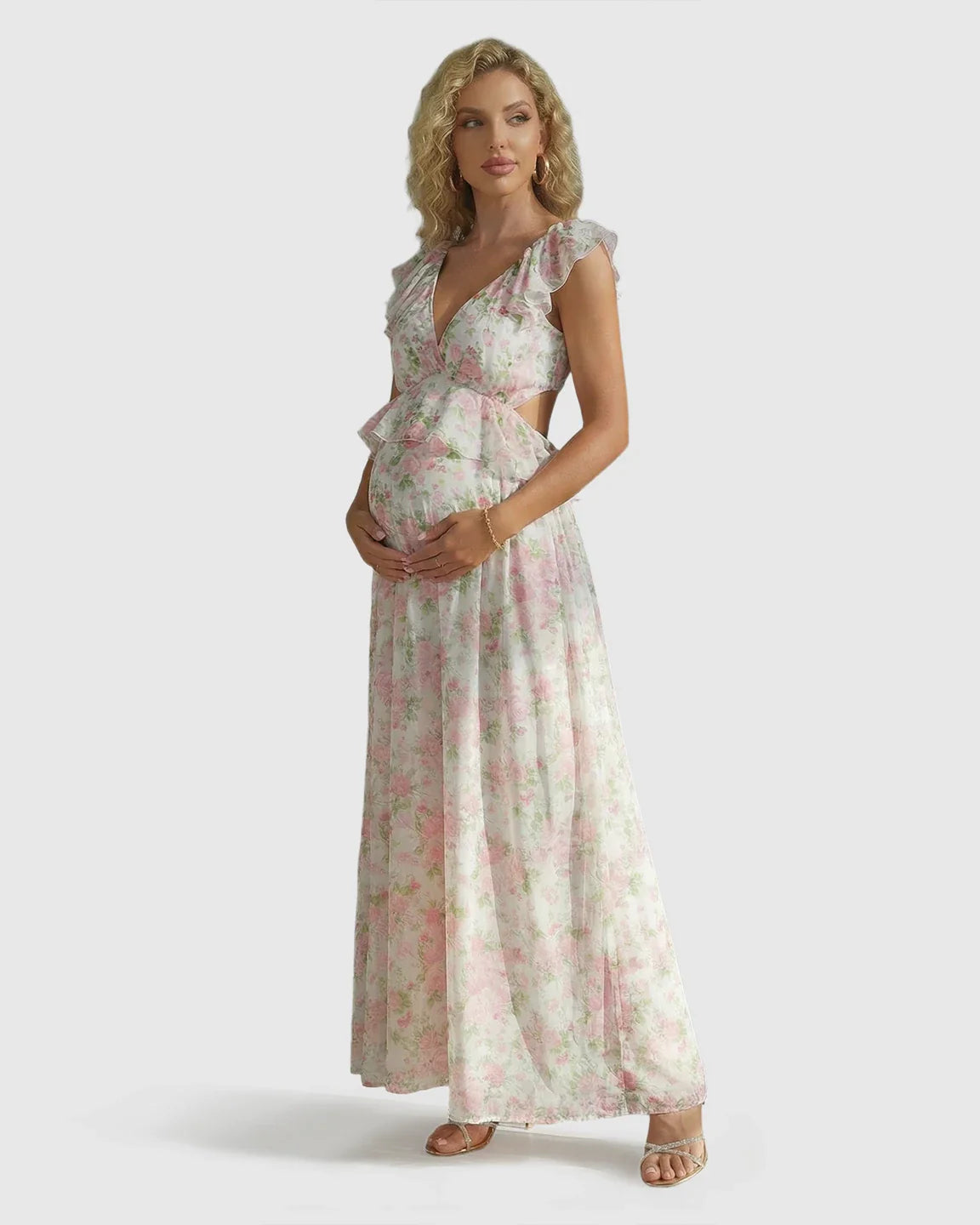 Bump Society – The Comfort Collection: Floral Ruffle Cap Sleeve Flowy Maternity Photoshoot Dress