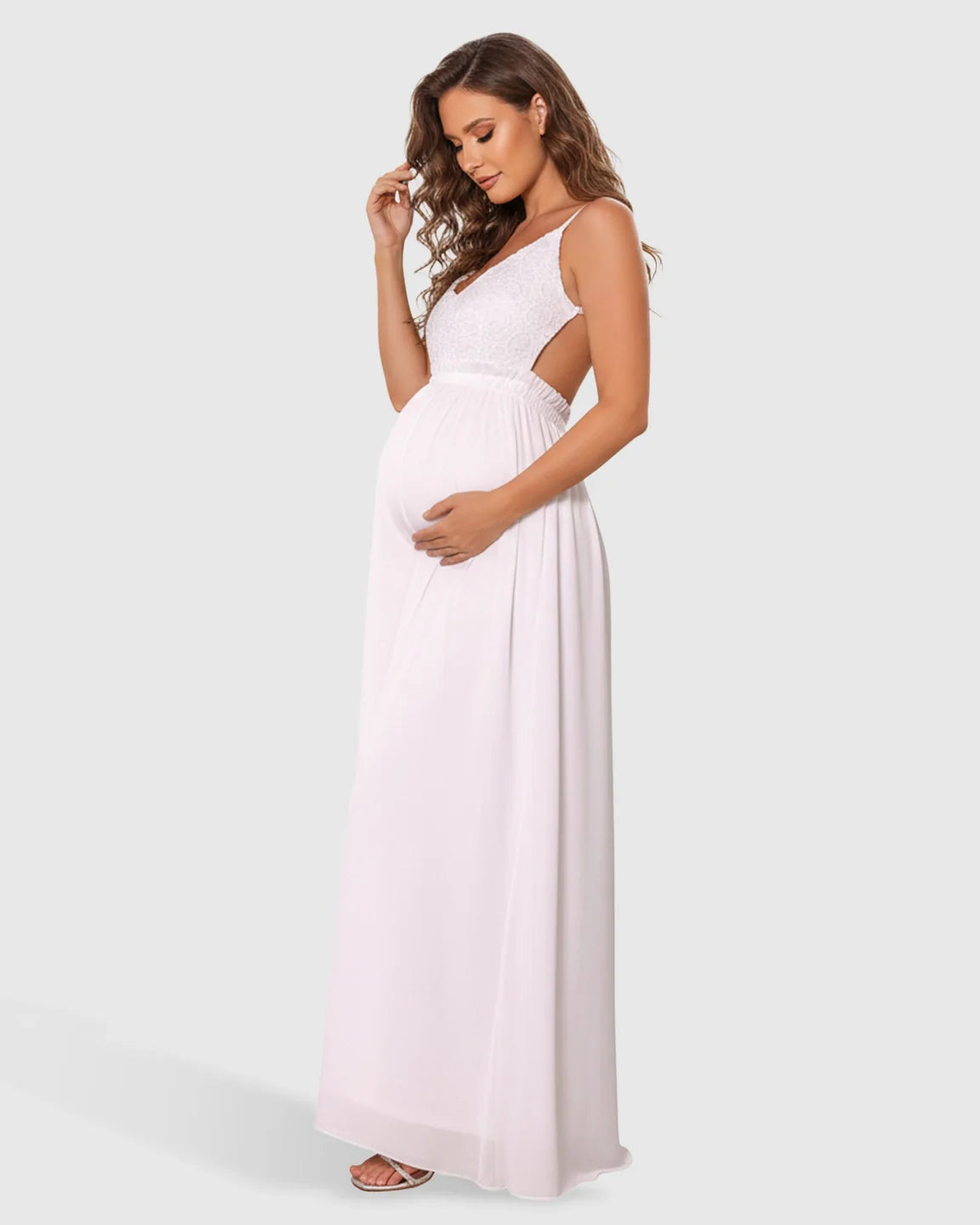 Bump Society – The Comfort Collection: Deep V-Neck Lace Bodice Stylish Maternity Photoshoot Dress