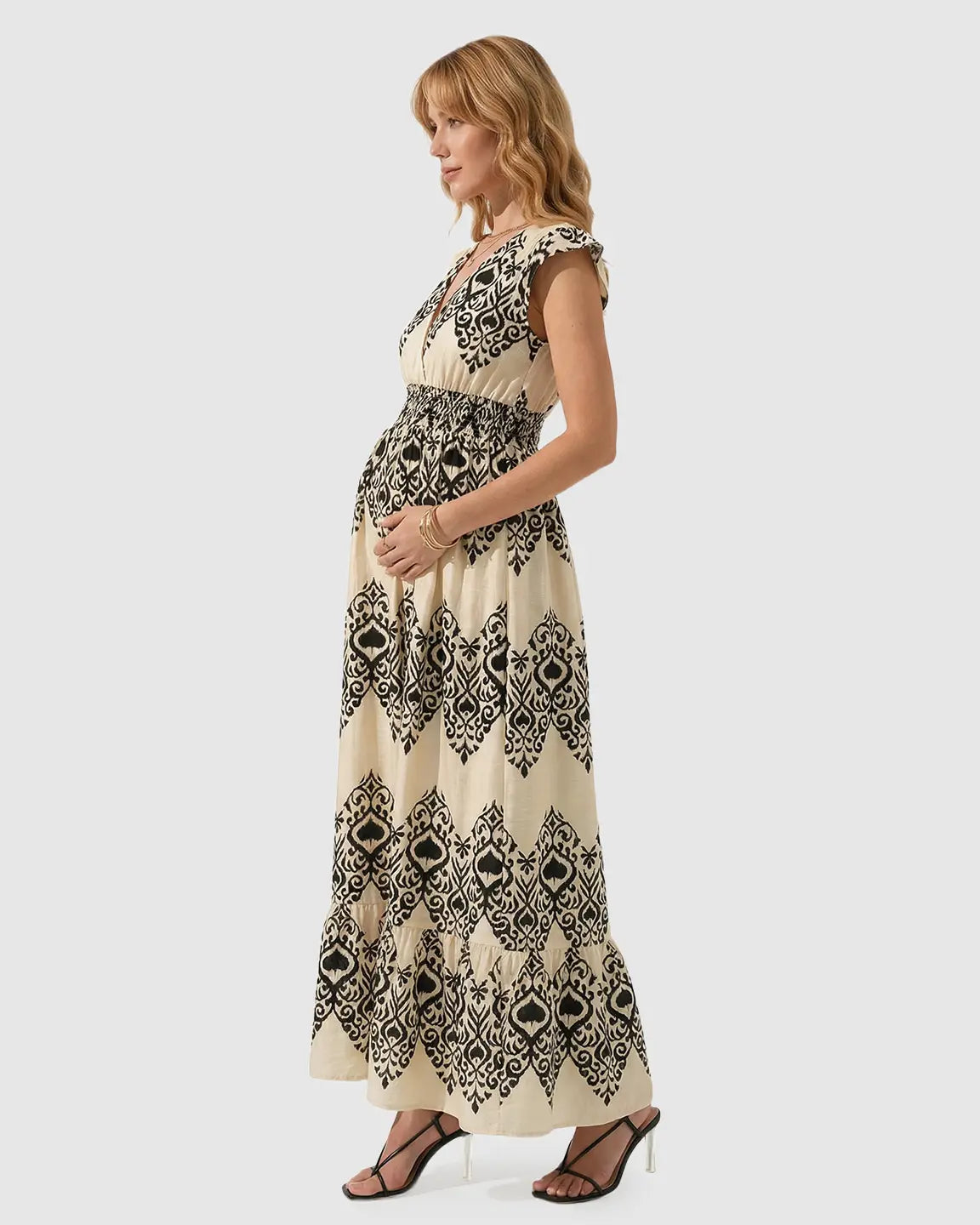 Bump Society – The Comfort Collection: V-neck Ethnic Print Maternity Maxi Dress