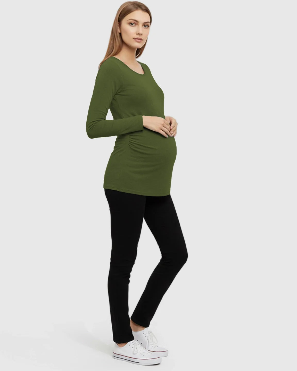 Bump Society – The Comfort Collection: Side Ruched Slim Fit Long Sleeve Maternity Top