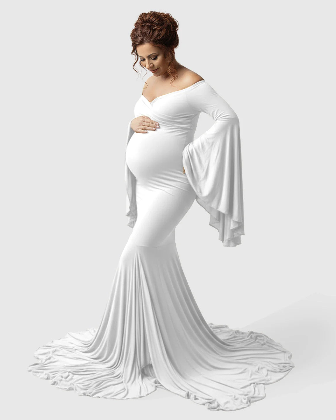Bump Society – The Comfort Collection: Flared Sleeve Fishtail Train Maternity Photoshoot Dress