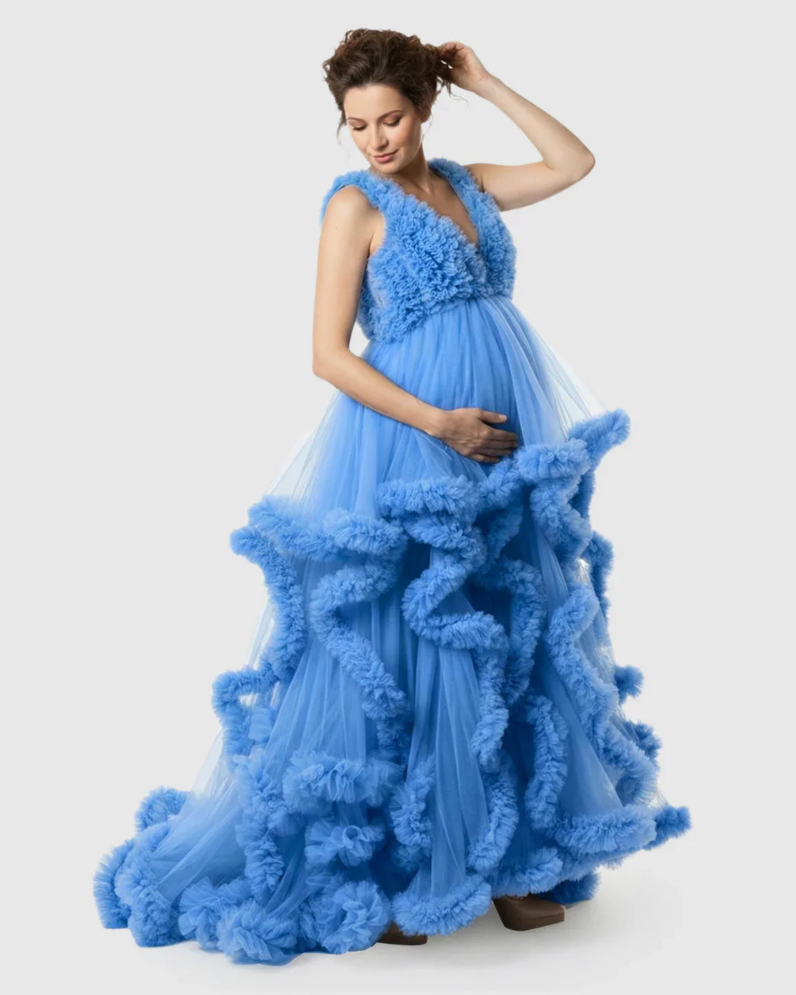 Bump Society – The Comfort Collection: Ruffled Bodice Multi-Layer Mesh Pleats Maternity Gown