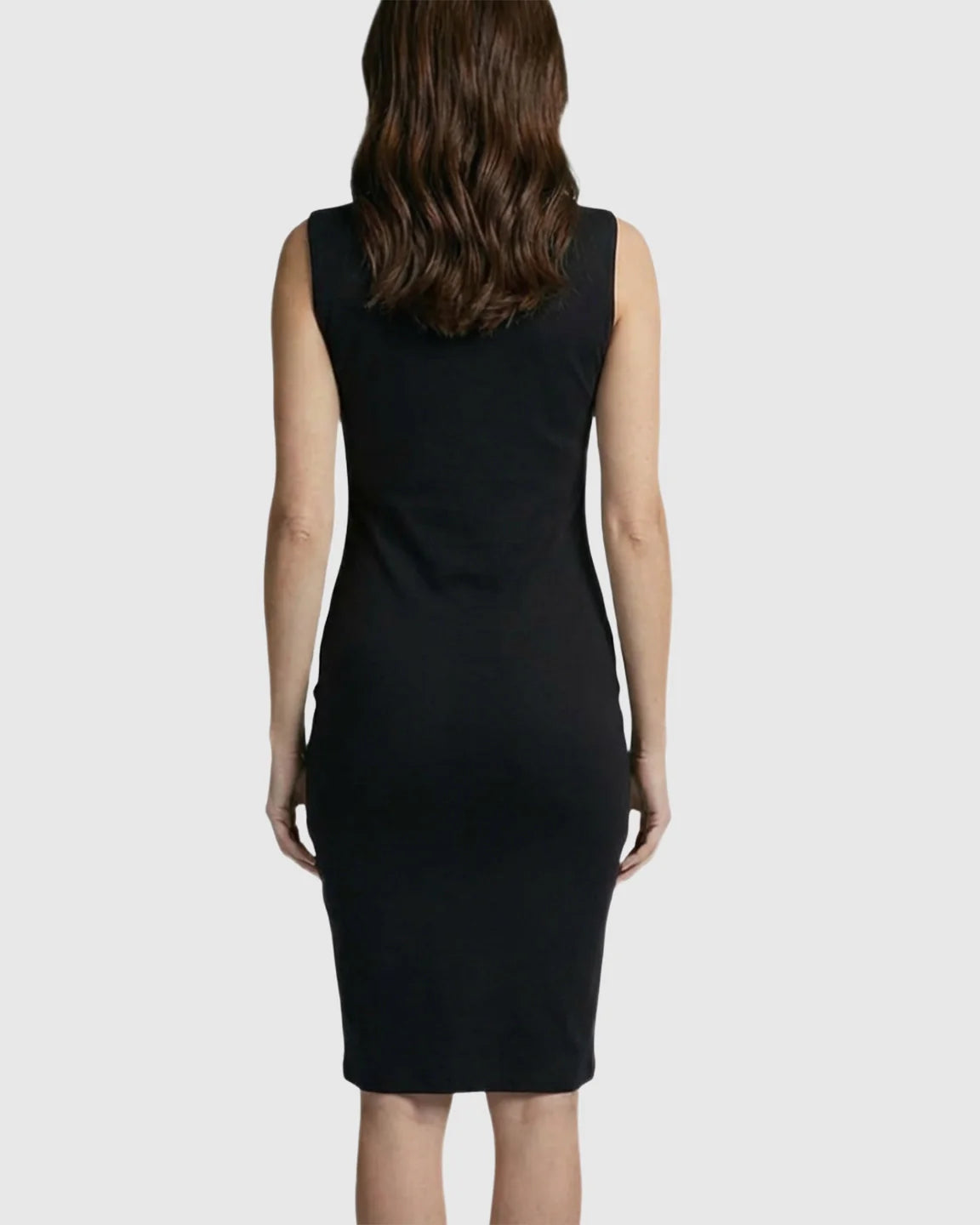 Back view of a woman wearing a black sleeveless bodycon maternity midi dress.
