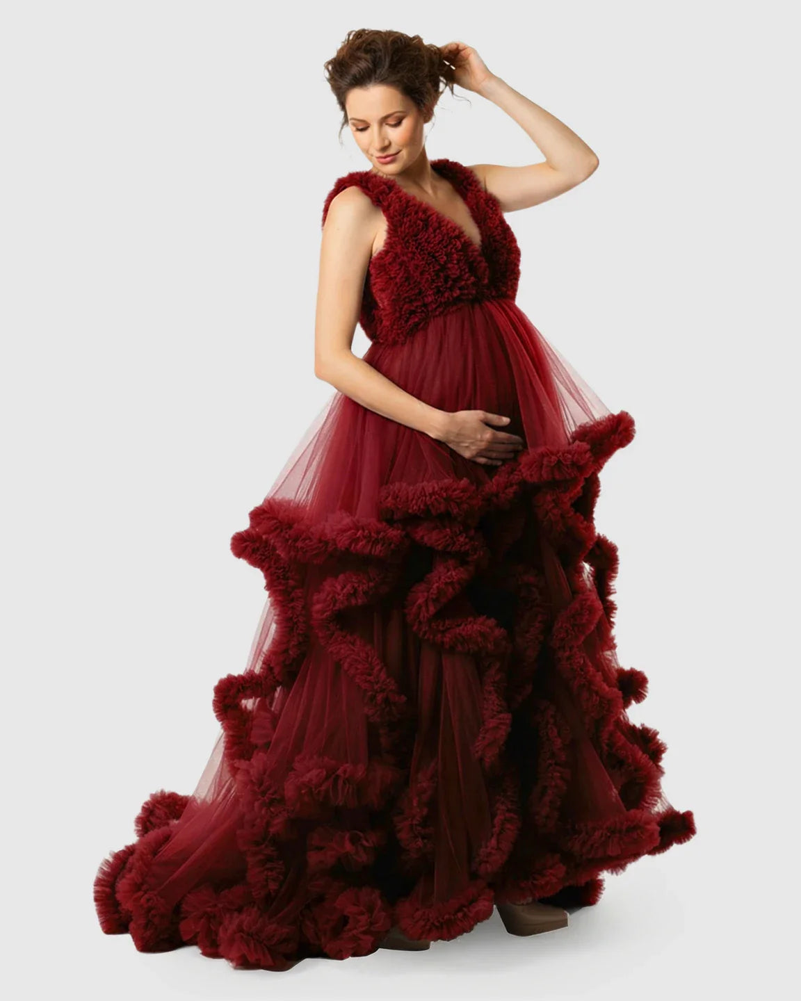 Bump Society – The Comfort Collection: Ruffled Bodice Multi-Layer Mesh Pleats Maternity Gown